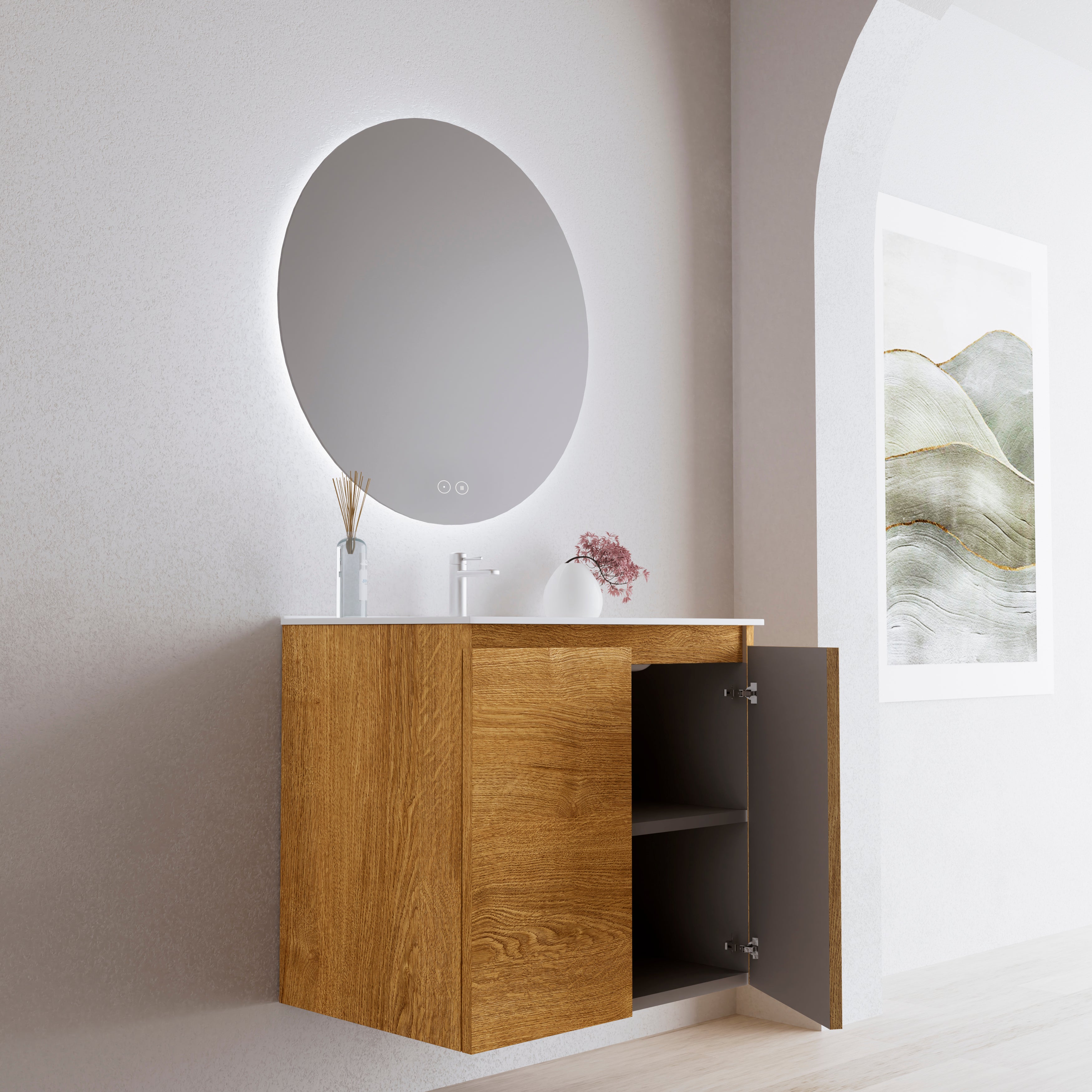 Feel Your Bath, Meuble De Salle De Bain WOLF Marron 80 cm, 2 Portes, Vasque Céramique Intégrée Et Miroir Rond LED Antibuée - 2