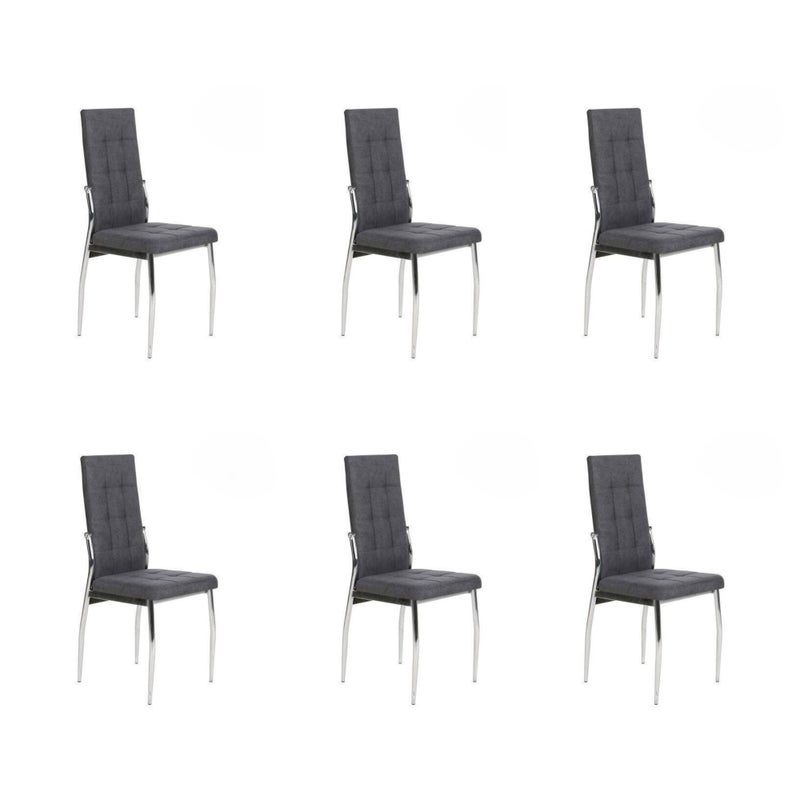 6 krzeseł tapicerowanych szarą tkaniną z wyłożonym siedzeniem i oparciem, chromowane nogi – wymiary 45x46x100 cm