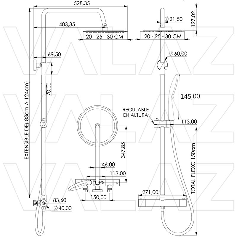 Valaz Barre de douche thermostatique ronde réglable jusqu'à 120 cm noir mat - Série Ebro - 25 cm - 2