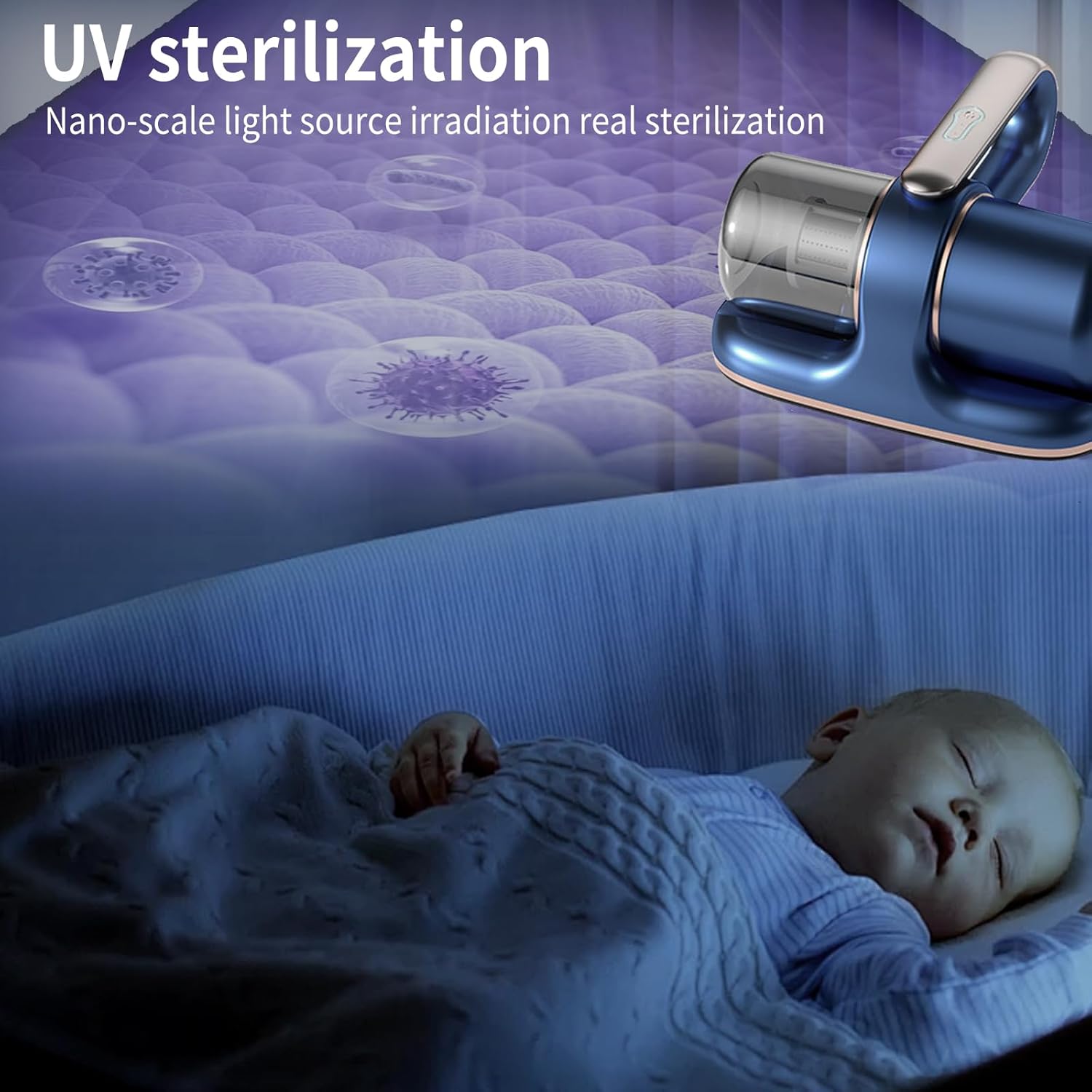 Aspirateur pour matelas, aspiration 13 kPa, avec lumière UV, filtre HEPA, puissance haute fréquence, convient aux lits, oreillers et canapés (bleu) - 3