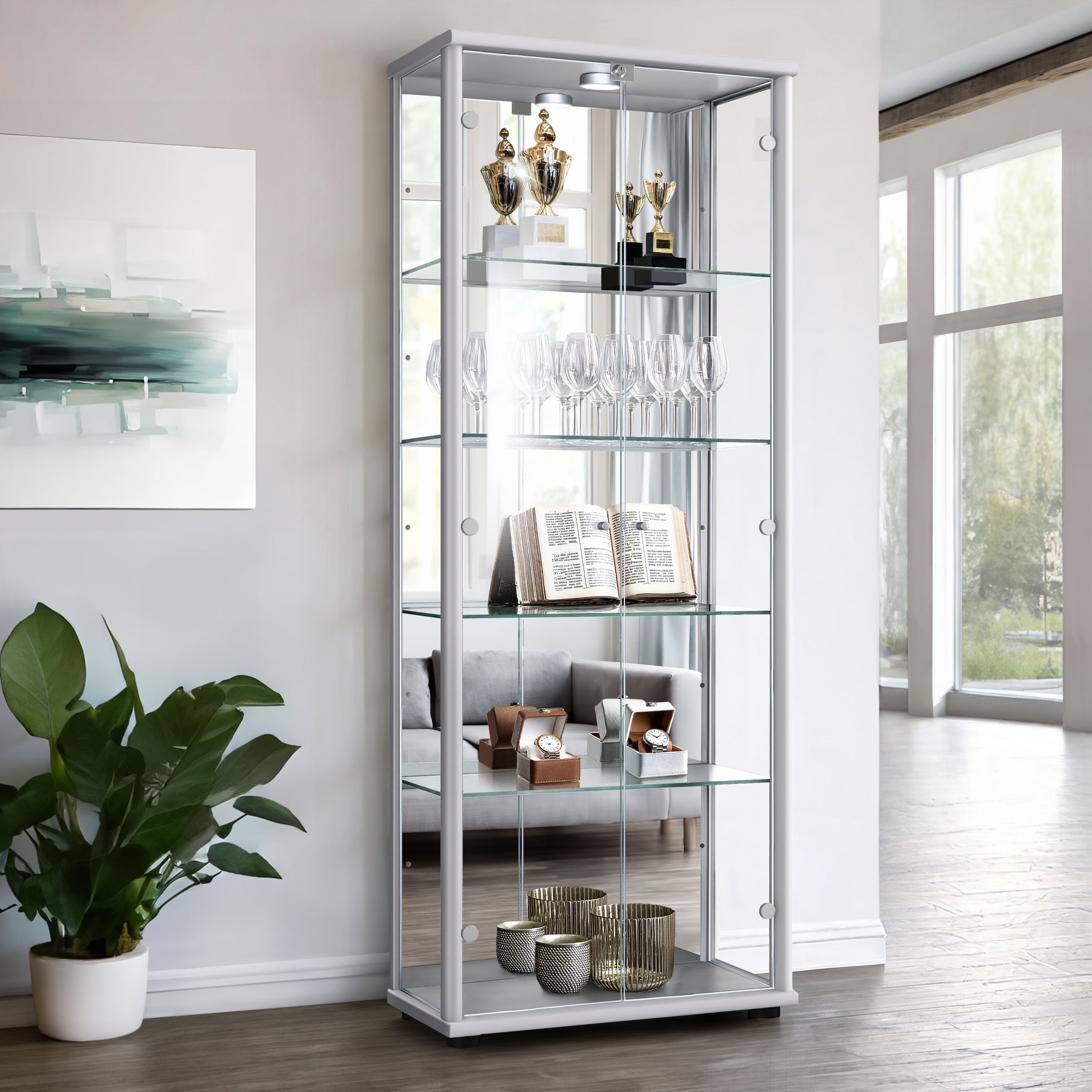 K-Möbel Witryna szklana w kolorze srebrnym (176x67x33 cm) z lustrem, LED i zamkiem