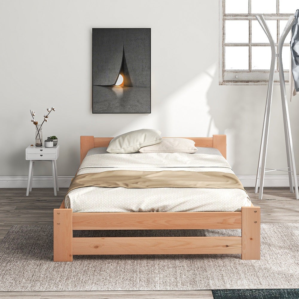 Lit En Pin Massif Naturel KOMHTOM 140x200 Cm - Avec Tête De Lit Et Sommier à Lattes - Design Minimaliste - Charge Max 100 Kg