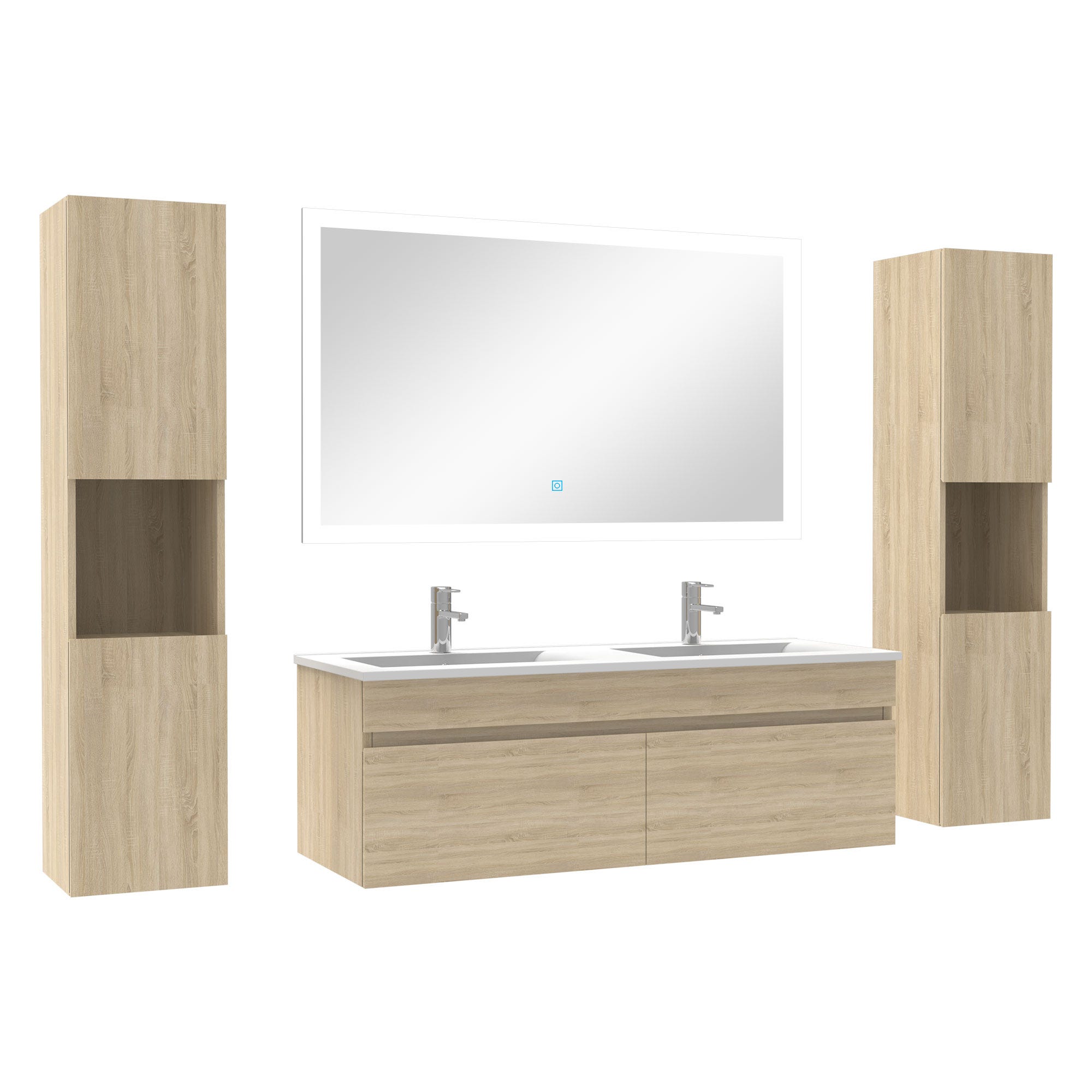 AICA Ensemble Meuble De Salle De Bain Double Vasque 120cm Avec 4 Tiroirs Lavabo 2led Miroirs Rond 60cm Chene 90017636 AICA Ensemble Meuble De Salle De Bain Double Vasque 120cm Avec 4 Tiroirs Lavabo 2led Miroirs Rond 60cm Chene 90017636