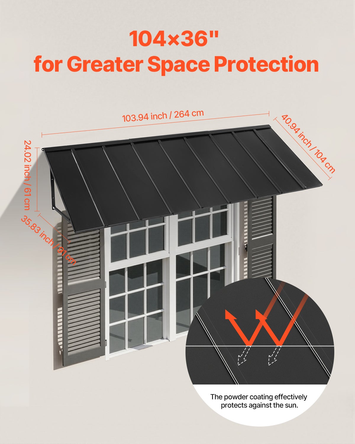 Toldos de Porta 264x91 cm,VEVOR marquise externa em metal,estrutura de aço,abrigo contra chuva,neve,sol,toldo para portas,janelas,varandas - 4
