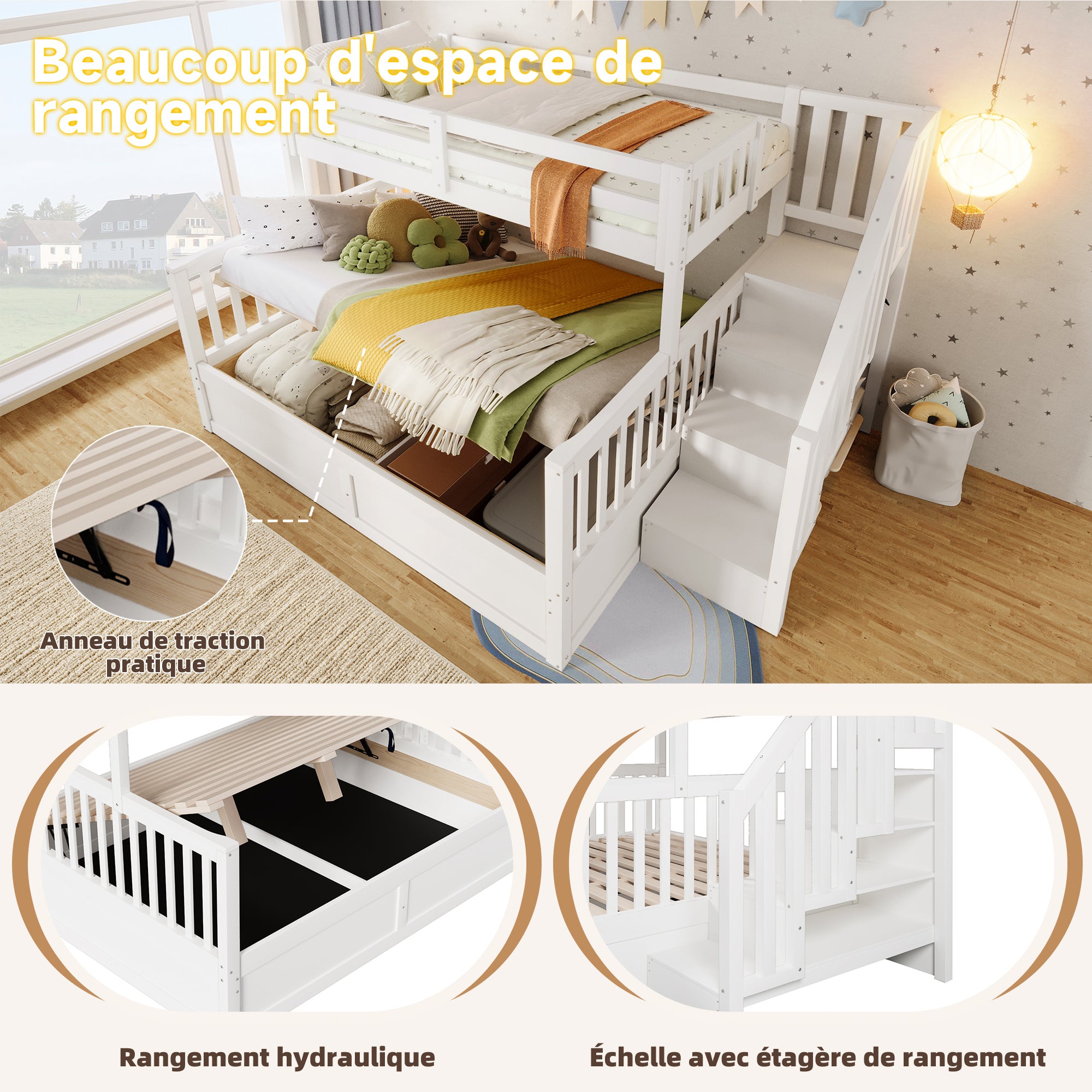 Lit superposé en bois 90x200 et 140x200 cm, lit coffre en dessous avec sommier à lattes, lit d'enfant avec échelle rangement, blanc (sans matelas) - 4