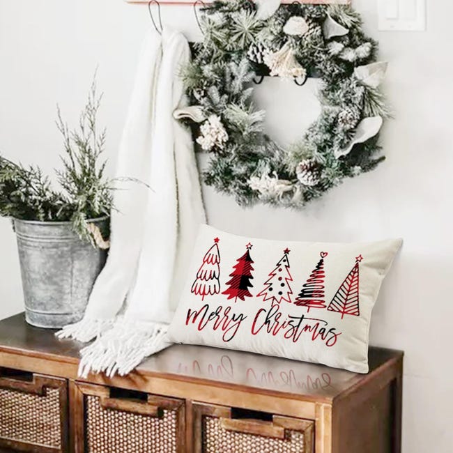 Set 4 Federe Per Cuscini Natalizi 45x45 Cm, Tessuto Lino/Cotone, Motivi Vintage Rosso E Nero (Babbo Natale, Pupazzo Di Neve, Camion)