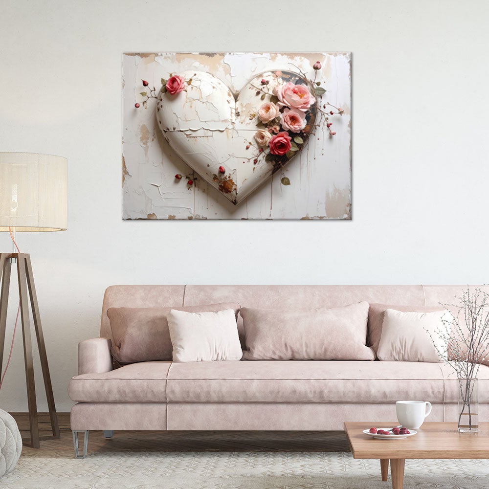 Obraz do salonu sypialni, 3D Serce miłość kwiat róży w stylu shabby chic 60x40 - 2