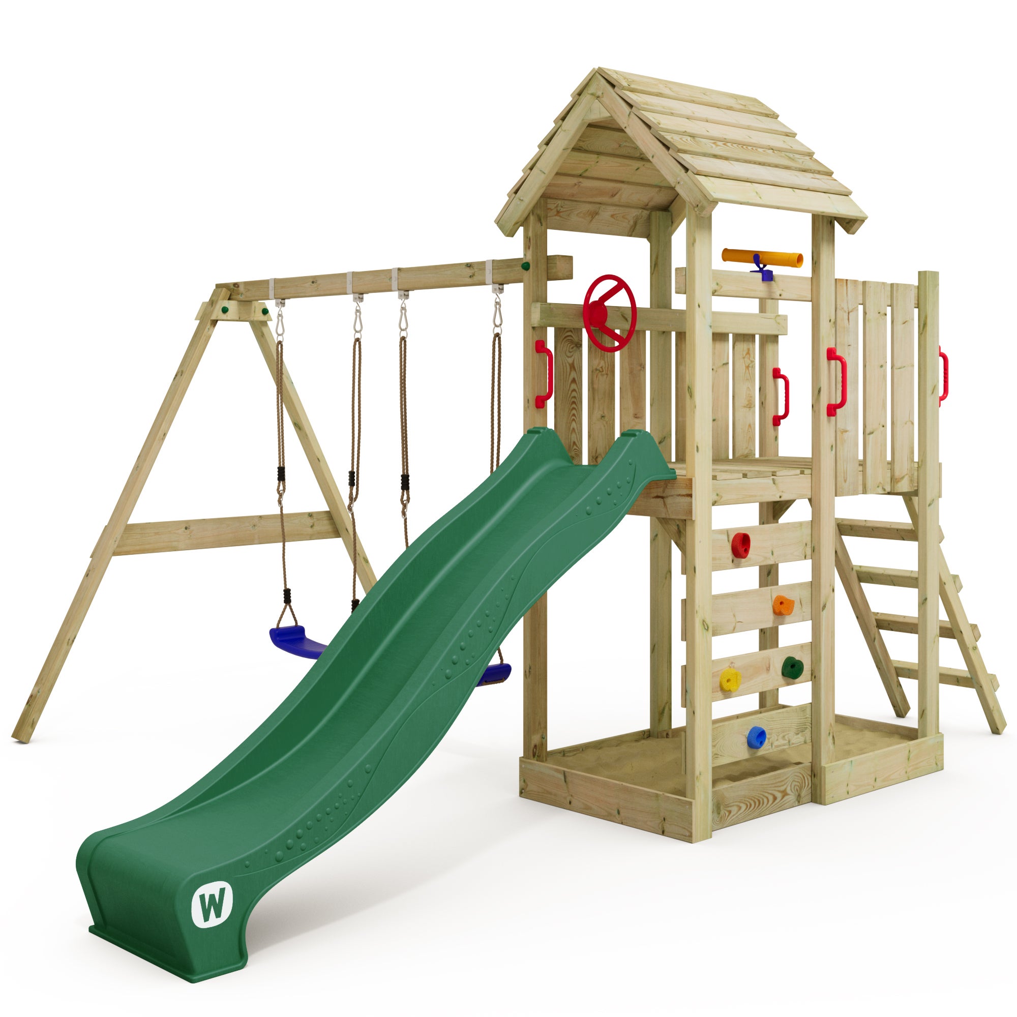 WICKEY Aire de jeux MultiFlyer HD avec toit en bois, balançoire double ...