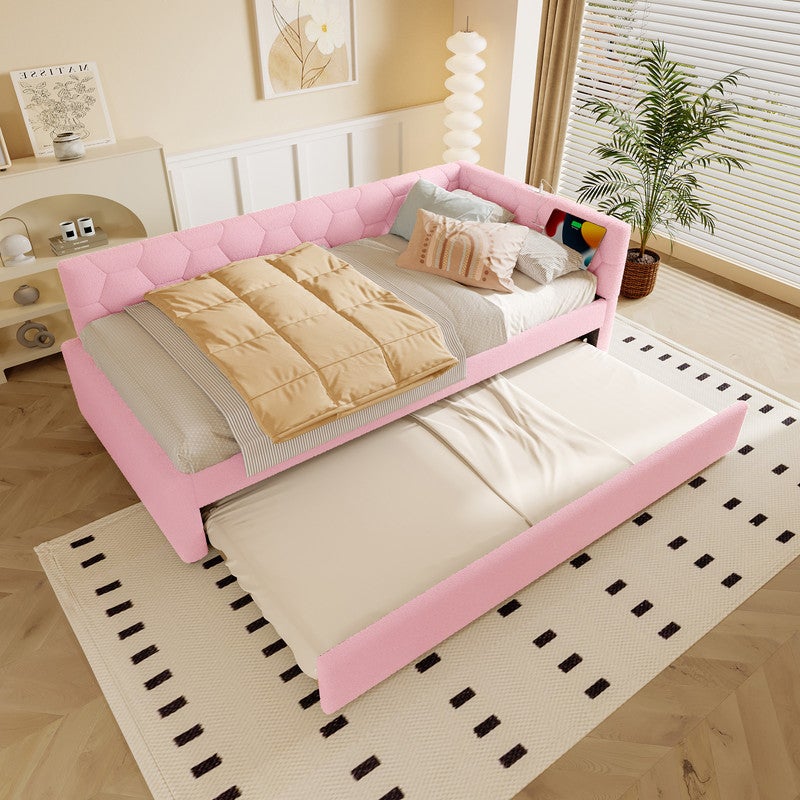 Sofa rozkładana 90x200 cm - z łóżkiem wysuwanym - z portem USB + Type-C - różowa (bez materaca)