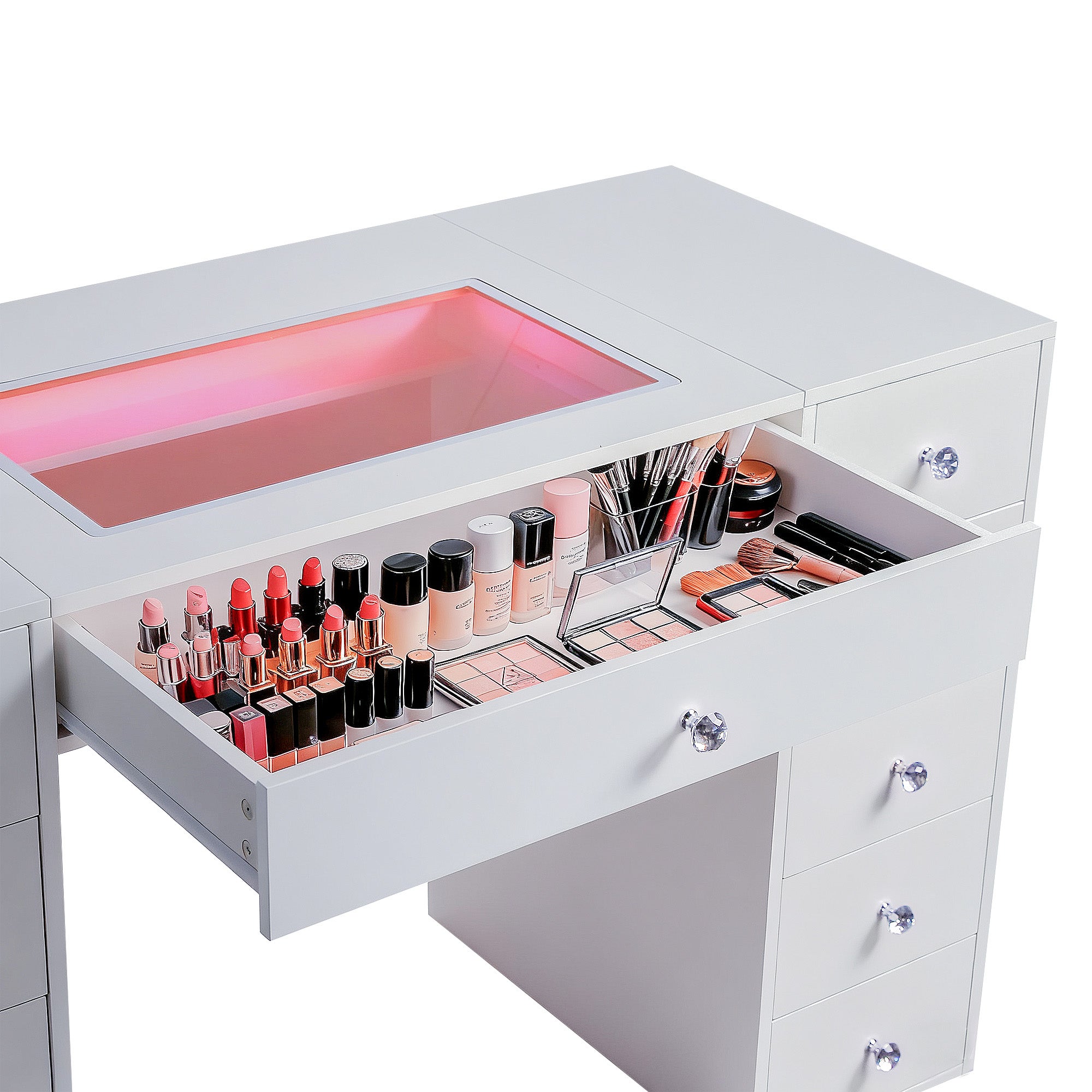 Coiffeuse avec miroir LED, 11 Tiroirs - 130 x 55 x 81 cm - RVB - avec Bluetooth Miroir Style Cristal (80 x 58 x 15 cm) - 3