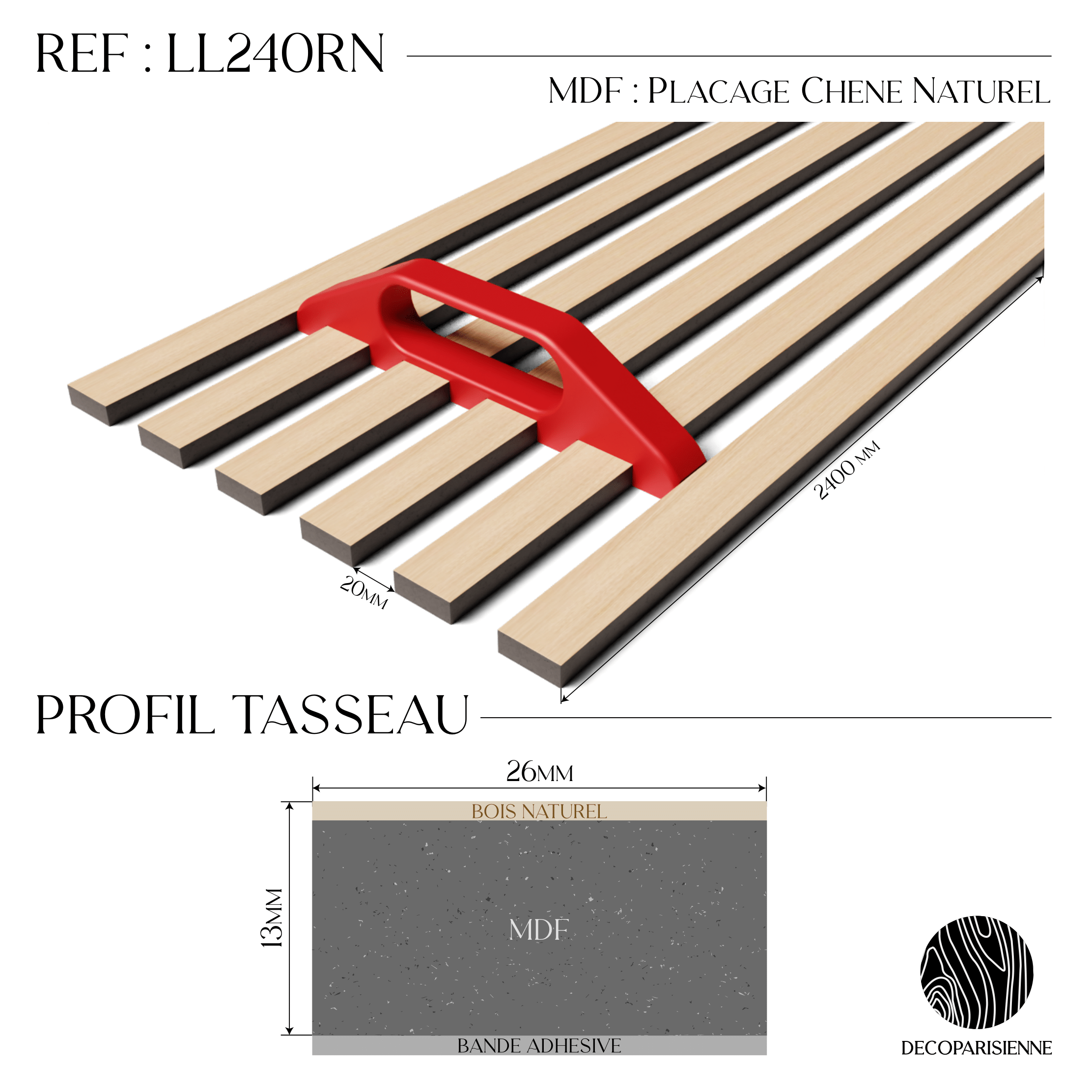 Pannelli decorativo in rovere naturale - Dima di installazione fornita - Superficie di 2,4 m2 - Pannello listelli su misura - 2