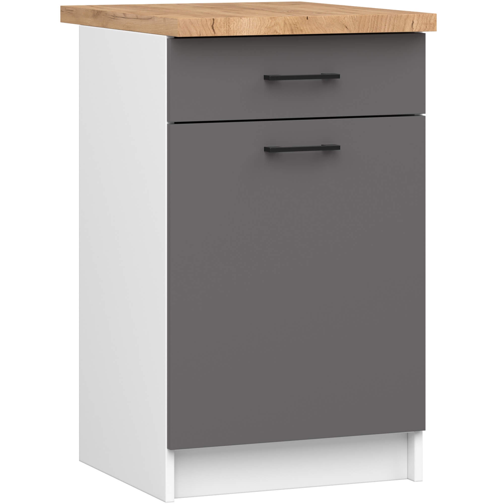 Szafka kuchenna AKORD S50 z blatem system OLIWIA Biała 50 cm 1 drzwi 1 szuflada kolor Grafit Szary mat 2 półki 50x46x85 cm