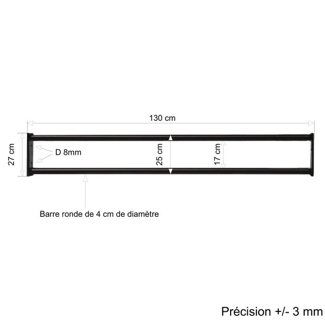 Barre d’appui 2 lisses pour fenêtre 130 cm (cote tableau) – Acier rond d40 mm – Prépeinte noir – Fixation Platine fixe
