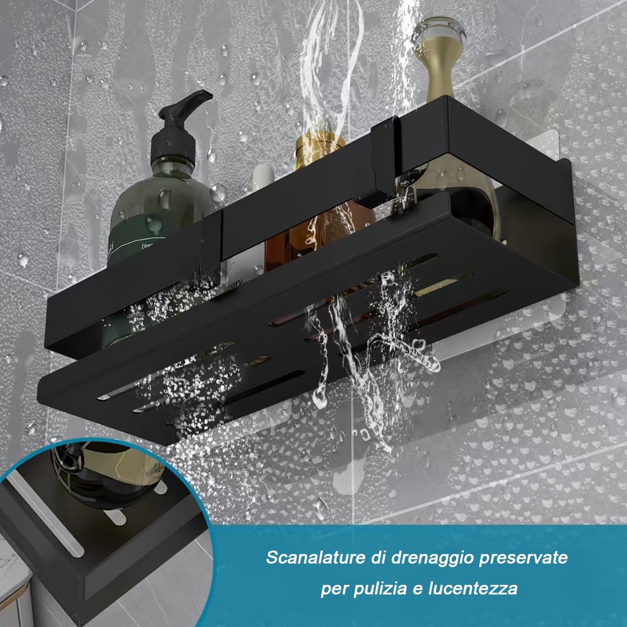 Aluminiowe półki ścienne pod prysznic - bez wiercenia i wkręcania, 2 sztuki, 7 × 31 × 9 cm, schowek łazienkowy z wyjmowanymi haczykami - 2