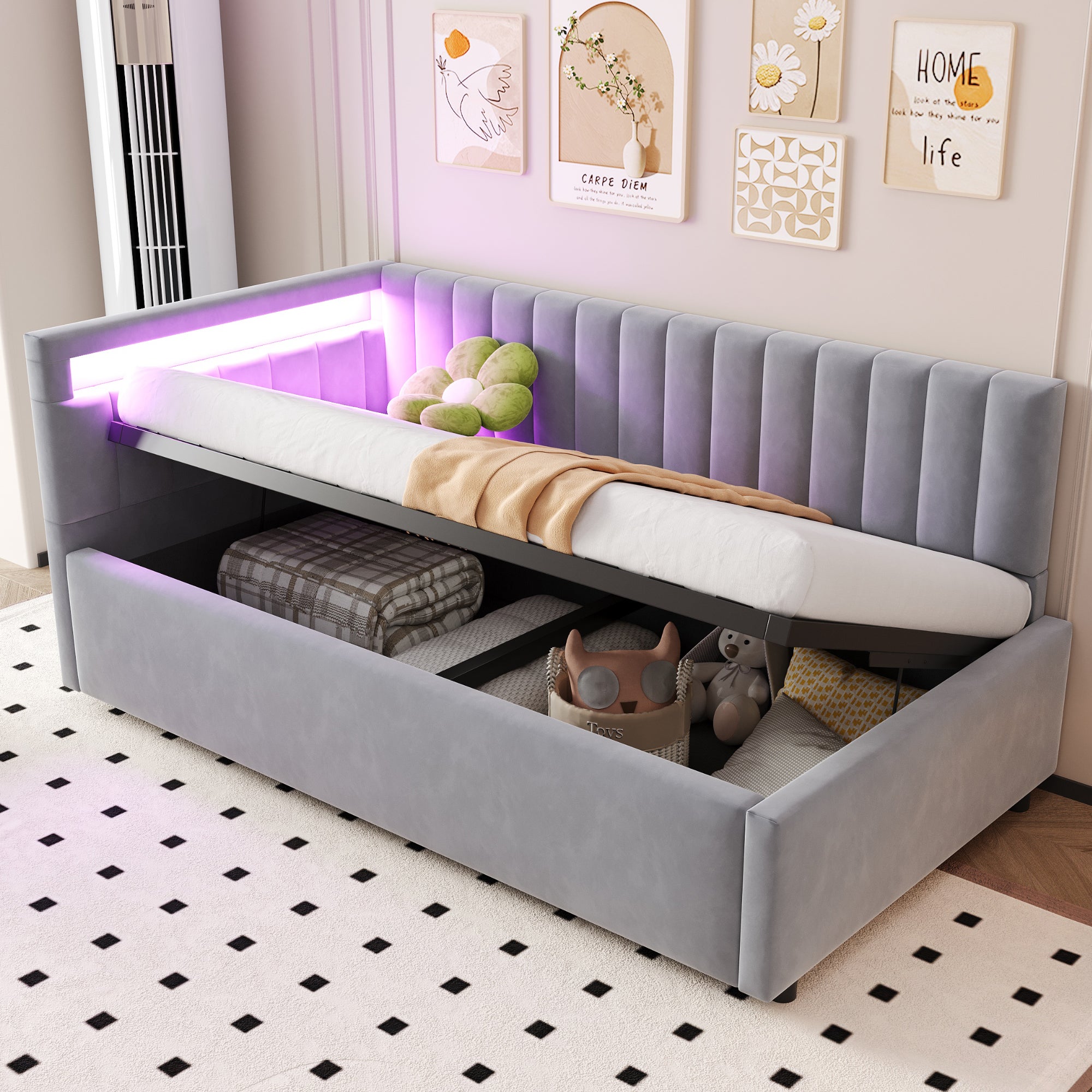 Proximax  Sofá Cama Tapizado 90X200 Cm (Terciopelo Claro), Almacenamiento Hidráulico, Cabeceros Laterales Intercambiables, Led, Lamas Verticales Gris/Claro , Leroy Merlin