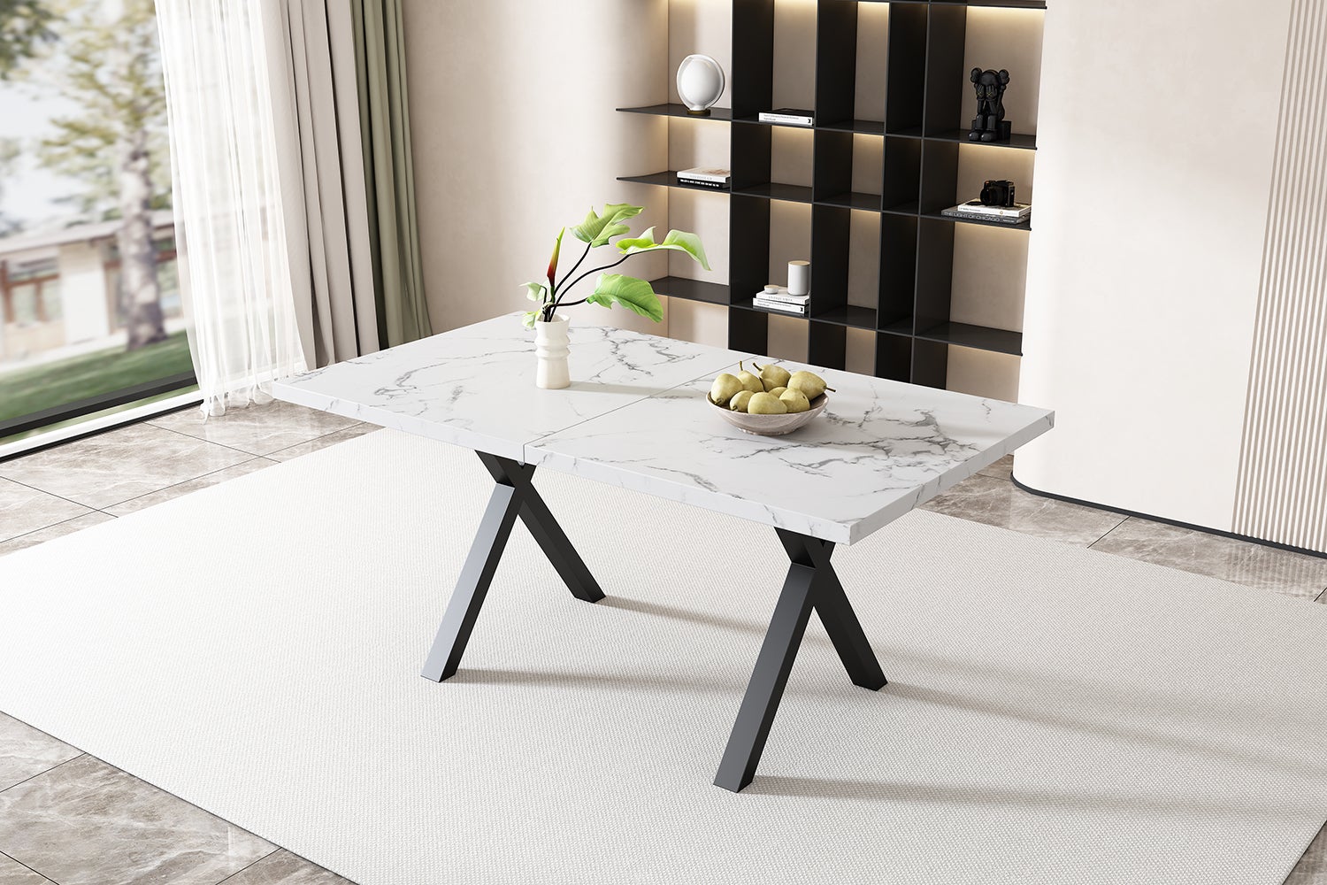 Stół jadalny prostokątny dla 4-6 osób - 140 x 80 x 76 cm - Płyta MDF i metal - Wzór marmuru - Biały + czarny - 3