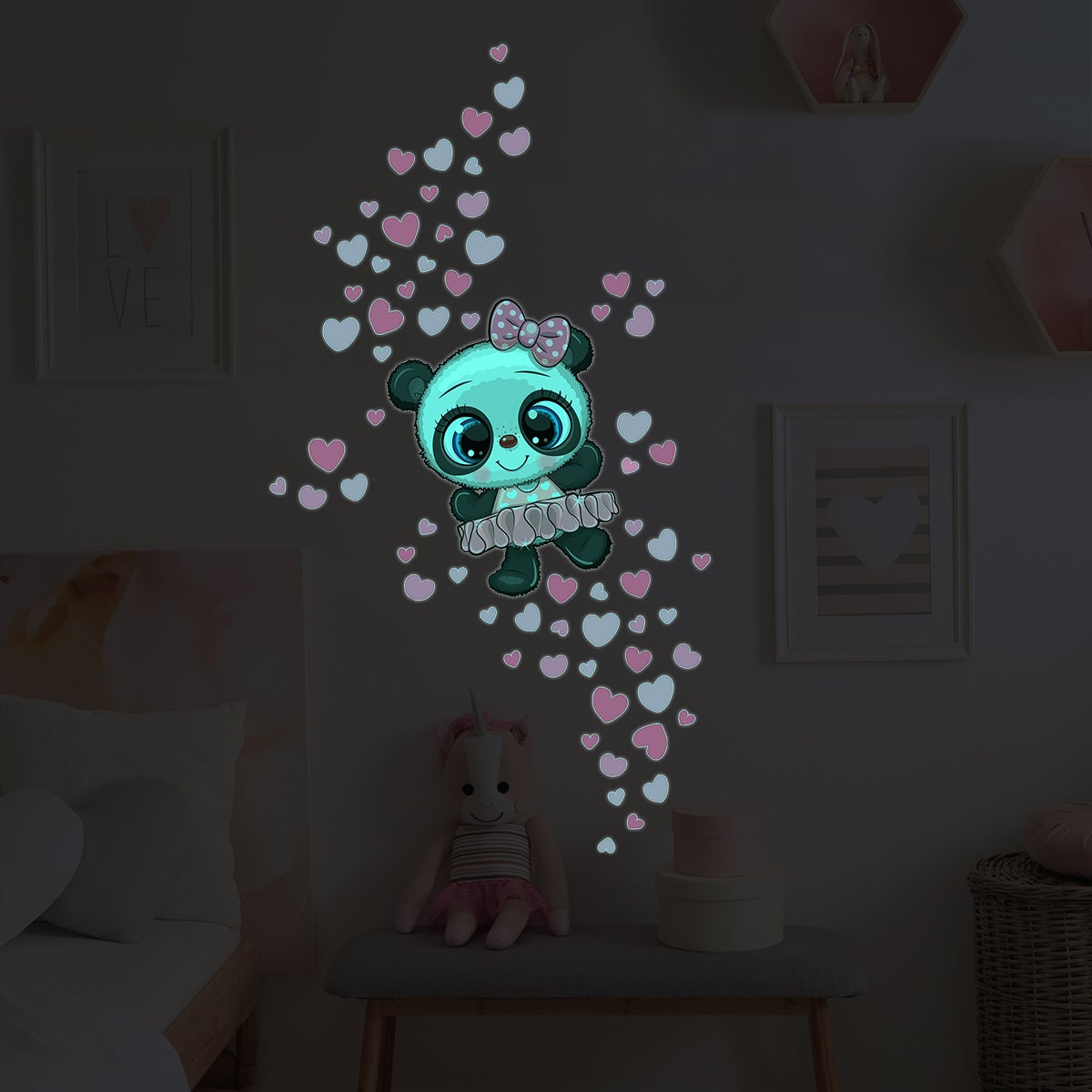 Adesivos fosforescente panda ballerina e 70 cuori - Sticker adesivo - adesivi murali - 100x100cm - 5