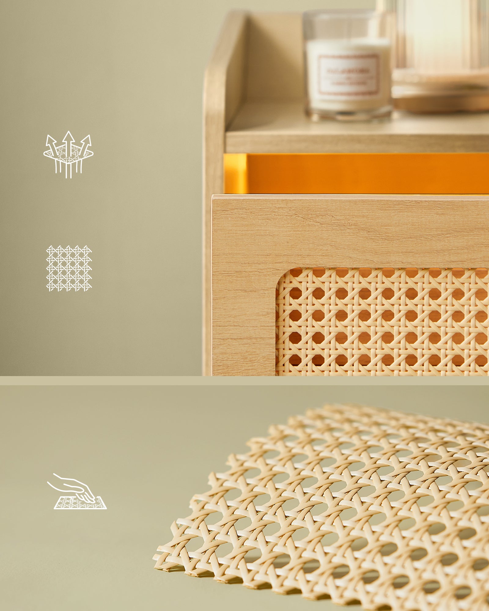 Table de Chevet avec Multiprise, Lot de 2, avec Lumière à Détecteur de Mouvement, Pieds en Bois Massif, Style Bohème, Beige Chêne - 3