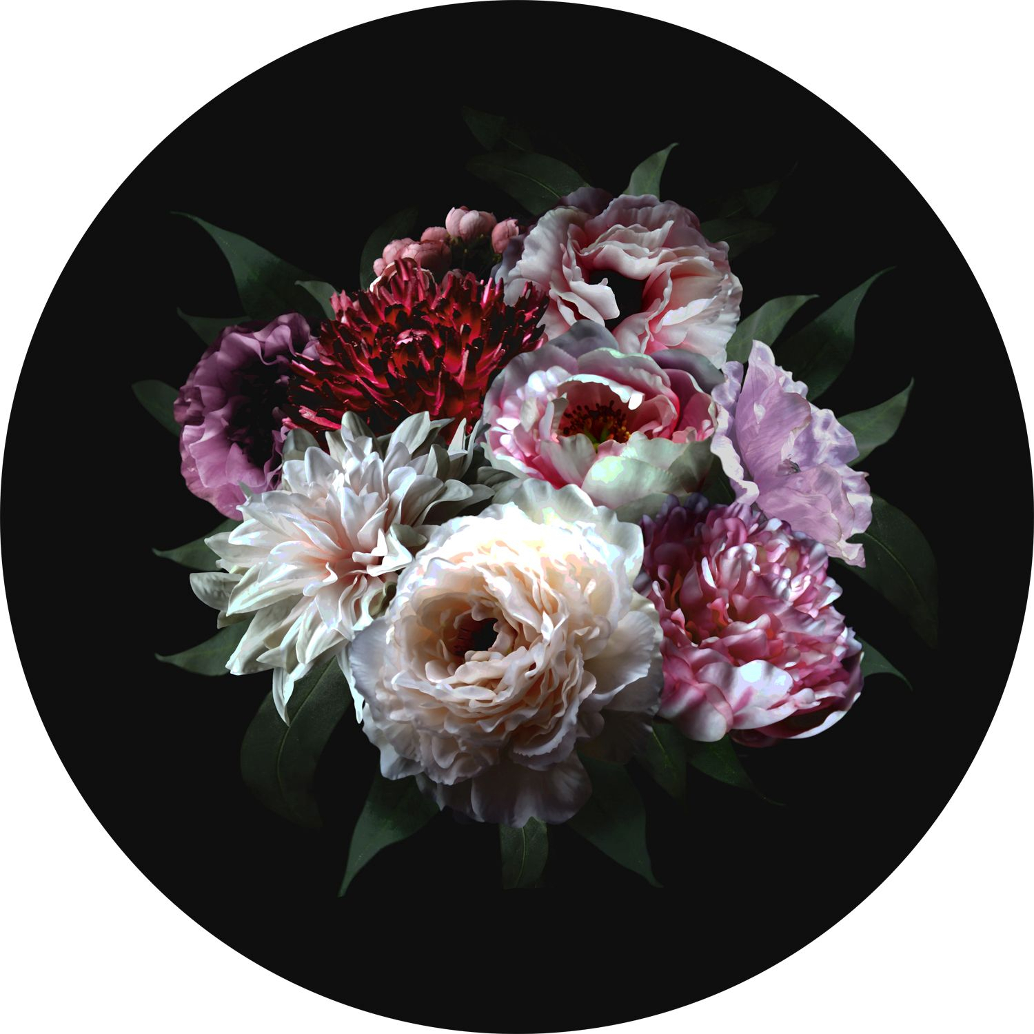 Mural redondo autoadhesivo ramo de flores multi color sobre negro - ø 70 cm - estahome