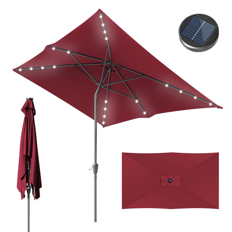Parasol prostokątny 200x300 cm, UV30+, na balkon, taras i do ogrodu, z korbką i diodą LED, czerwony