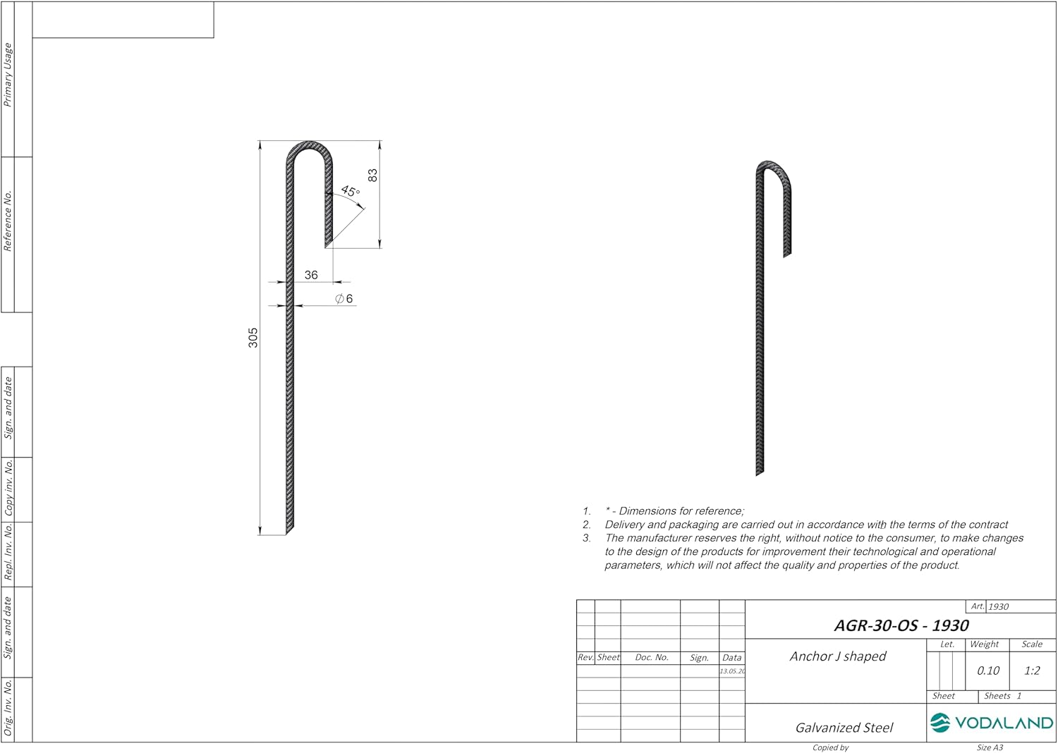 Pack de 10 piquetas de fijación de acero galvanizado en forma de J - ø 6mm - 8
