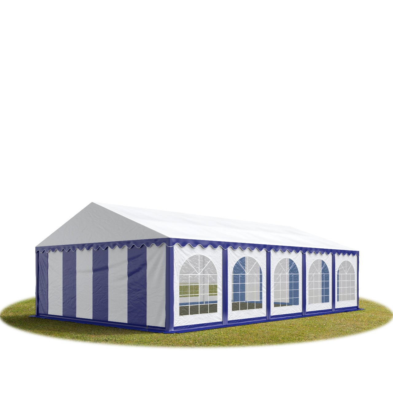 Namiot festynowy imprezowy 5x10 m PREMIUM, wysokiej jakości plandeka PVC 750 N, niebiesko-biały, 100% wodoodporny, z ramą podłogową