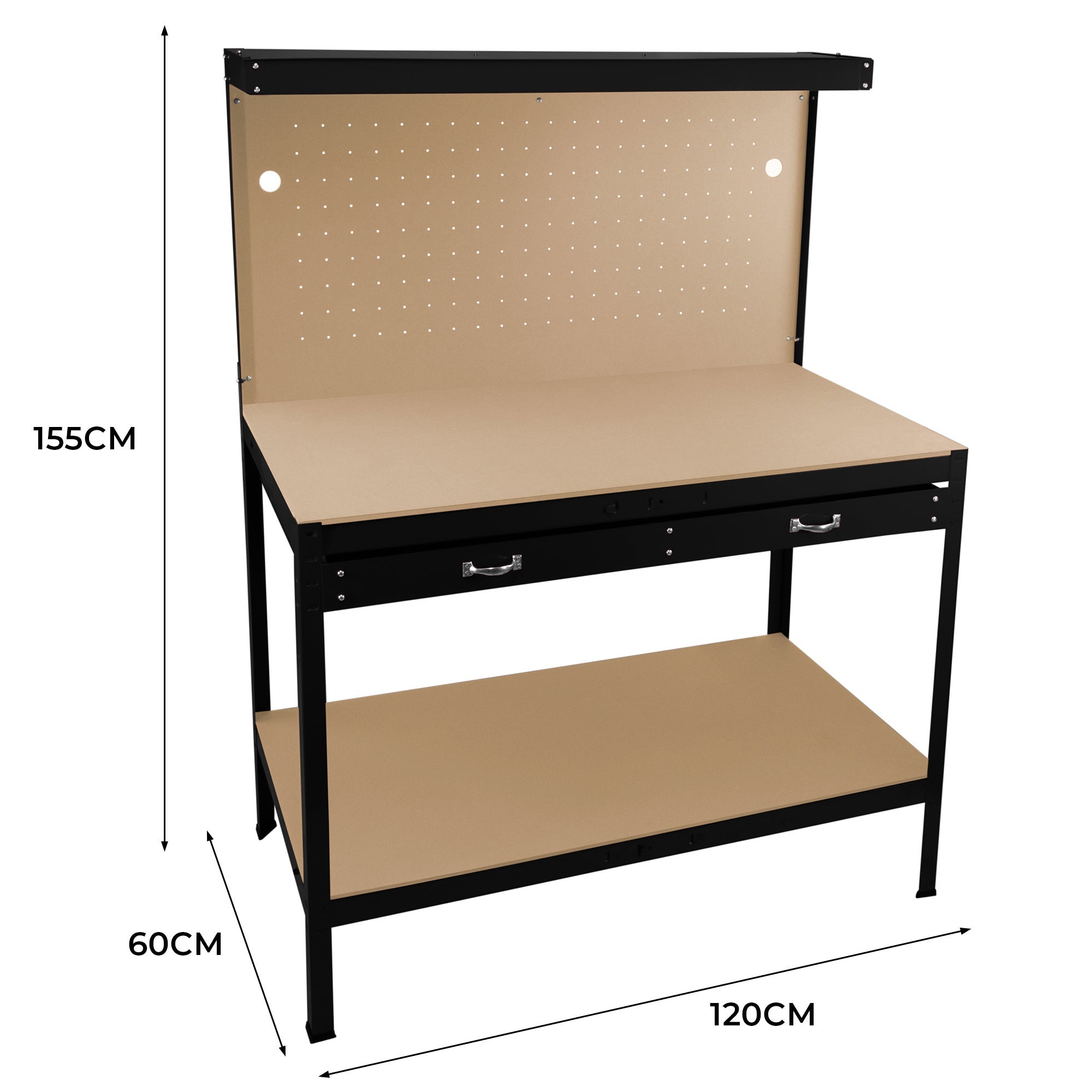 Établi de Travail en Acier Noir avec Tiroirs & Panneau Perforé 120 x 60 cm Capacité de 370 kg LED Intégré Bricolage - 5