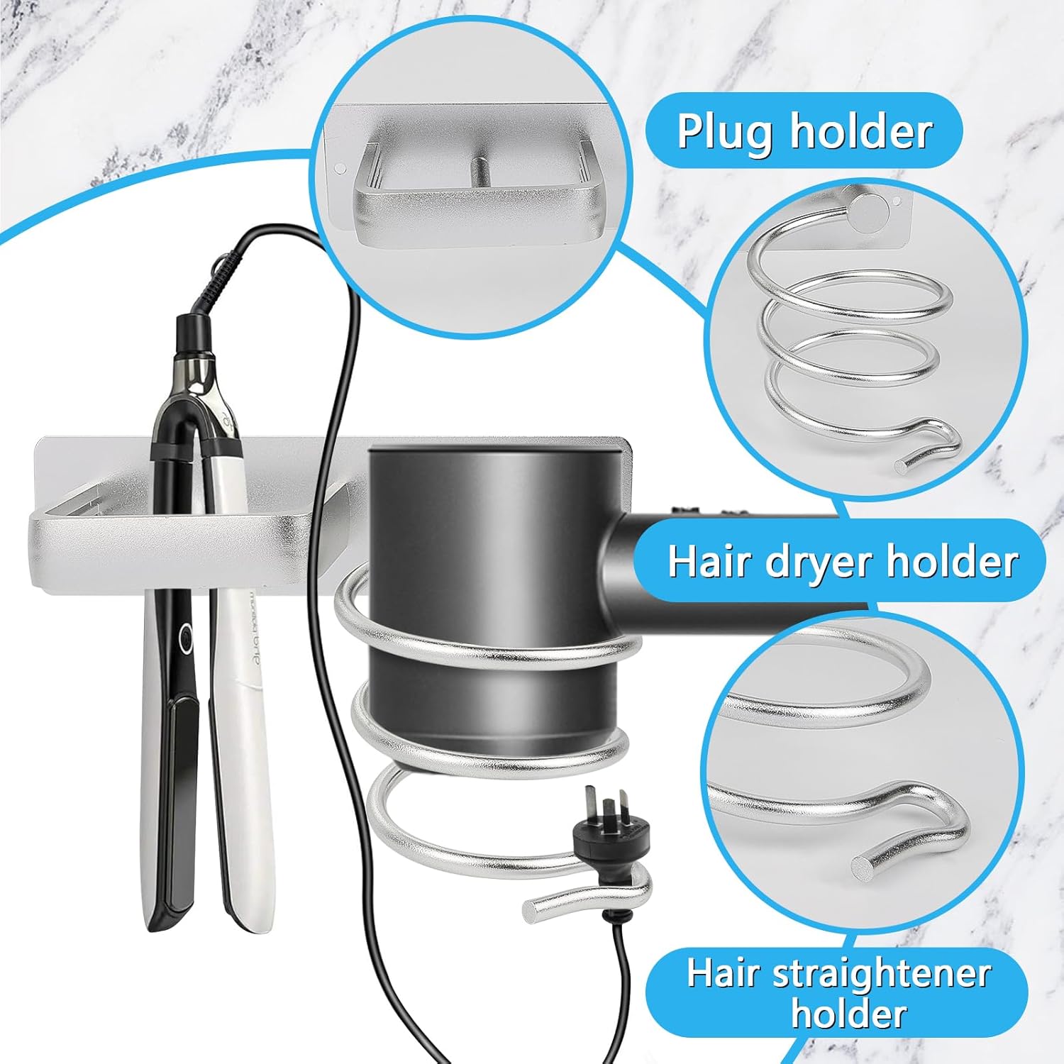 Porte Sèche Cheveux, Support Mural en Aluminium pour Sèche-Cheveux et Lisseur Support Seche Cheveux - 3