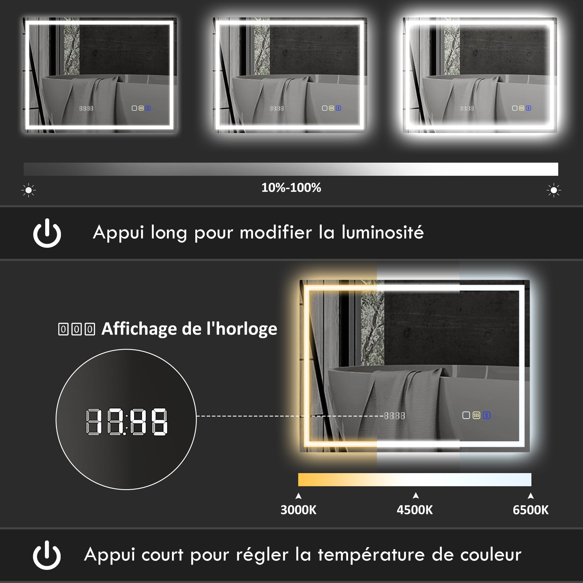 Miroir salle de bain LED bluetooth 80 x 100 cm interrupteur tactile lumière réglable 3 couleurs anti-buée mémoire argent - 8