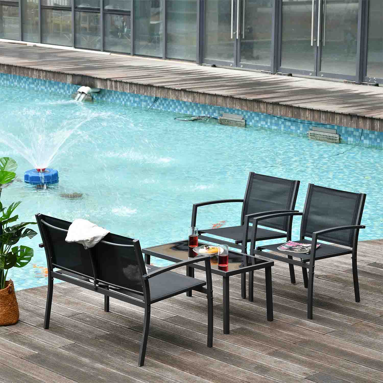 Adelaide - Salottino da giardino di design con divanetto + 2 poltrone + tavolino da caffè con ripiano in vetro - 2