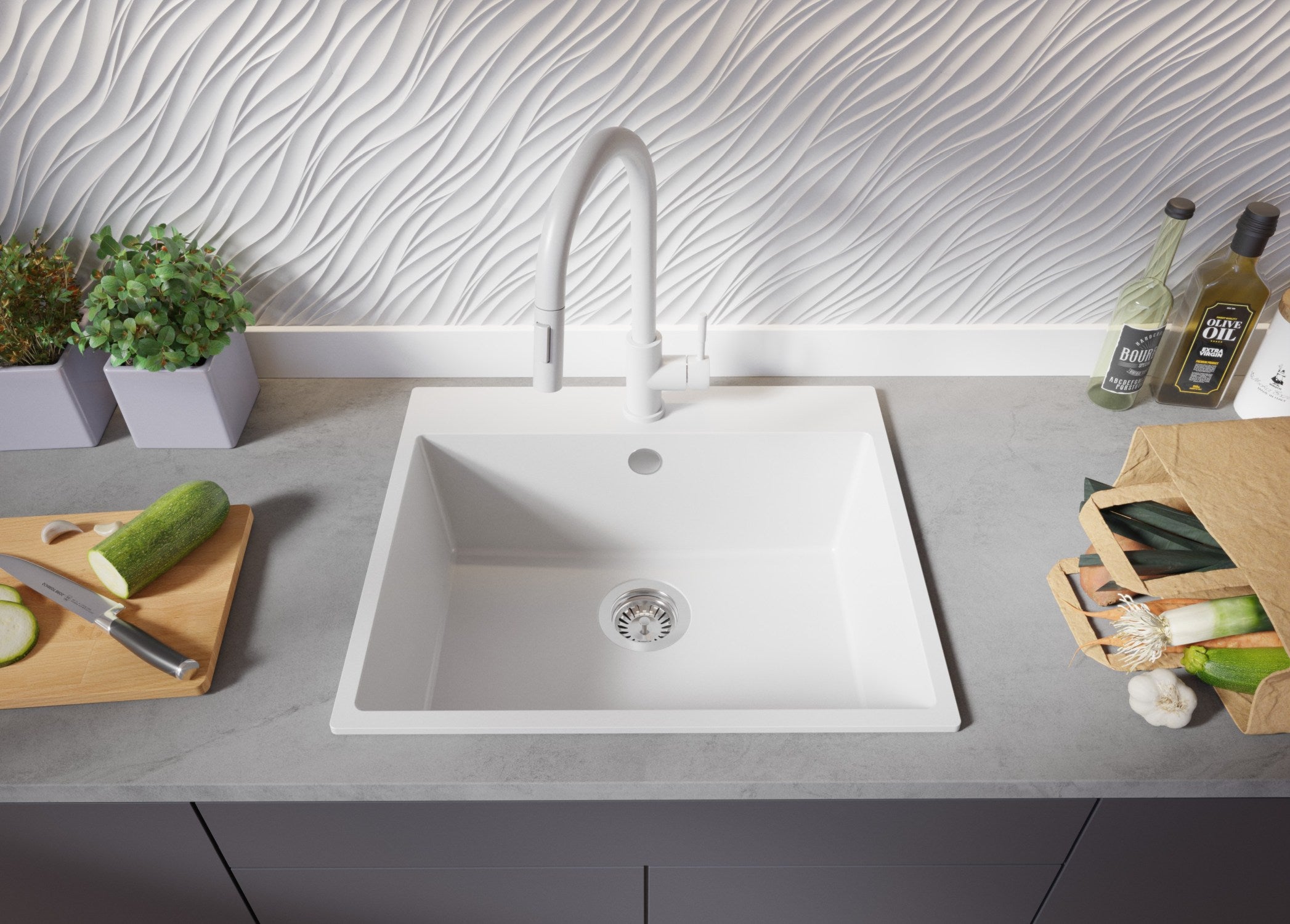 Lava-louça de pousar Branco 58x50cm, Pia de Cozinha 1 cuba + Kit de drenagem, Pia em Granito em armários de 60cm - Ryga PRIMAGRAN - 3