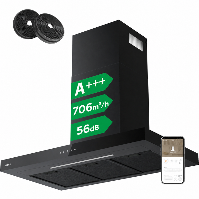 CIARRA Hotte Tactile 90cm 706 m3/h A+++ APP Contrôle Touche Tactile 4 Vitesses Booster LED Dimmable Noir CD9102B