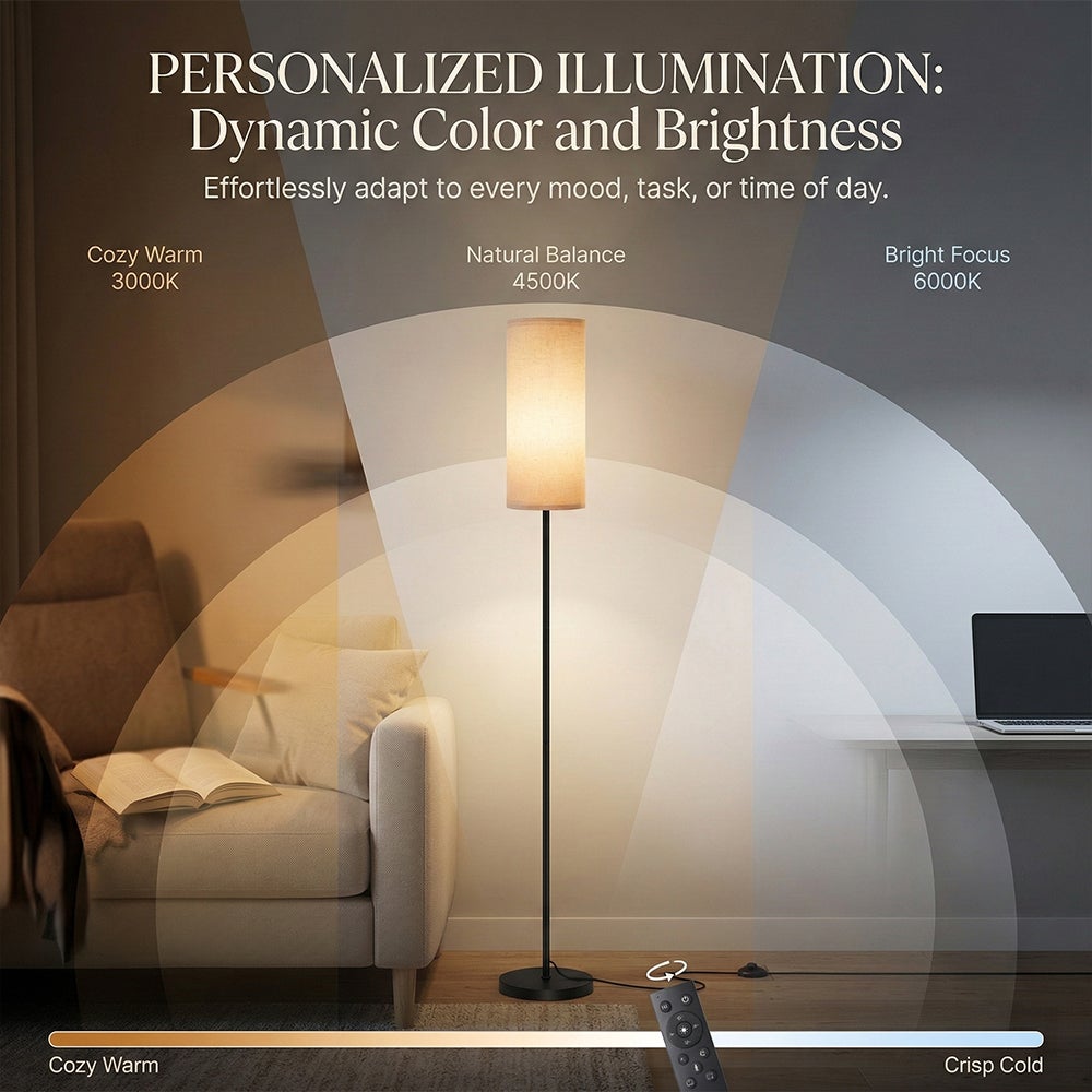 Lampadaire LED 12W Dimmable avec Télécommande Magnétique, Abat-Jour en Lin, Noir, 160 cm (Ampoule incluse) - 5