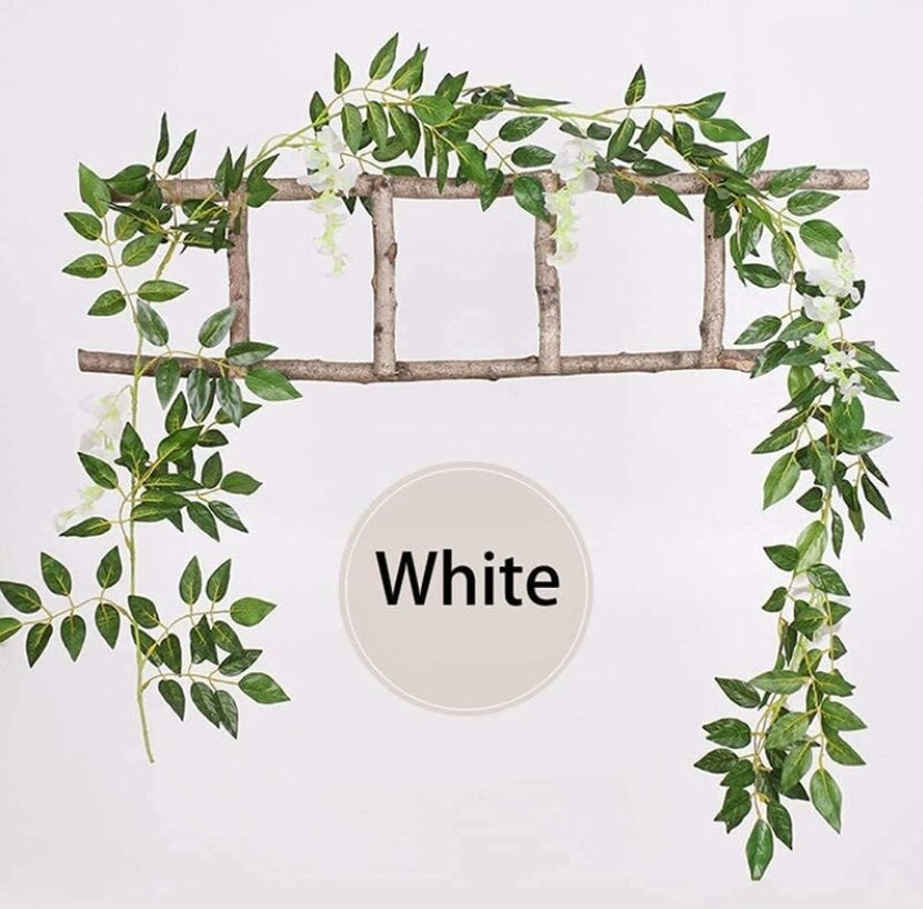 2x7FT Guirlande De Glycine Artificielle Fleur Artificielle Soie Lierre Suspendu Plante Décoration Murale Plante Décoration De Jardin (Blanc) - 3