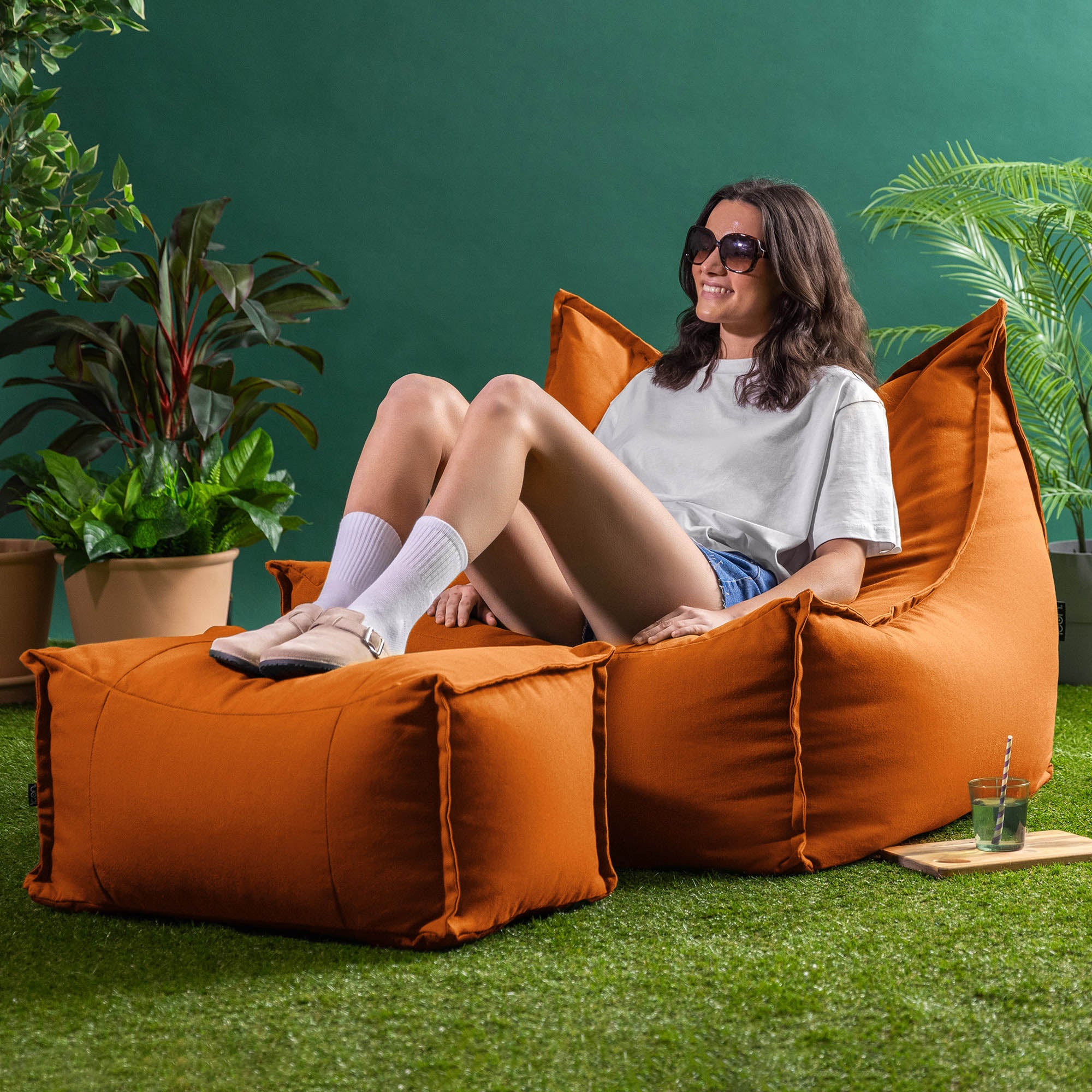 Pouf repose-pieds Icon d'extérieur en oléfine Oeko-Tex® imperméable orange brûlé, 34x45cm, Made in Allemagne - 10