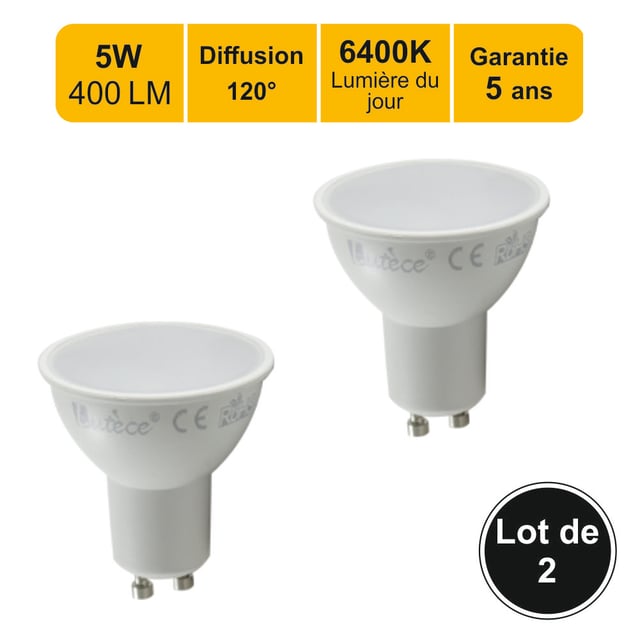 Lot de 2 ampoules LED GU10 5W 400Lm 6400K - garantie 5 ans