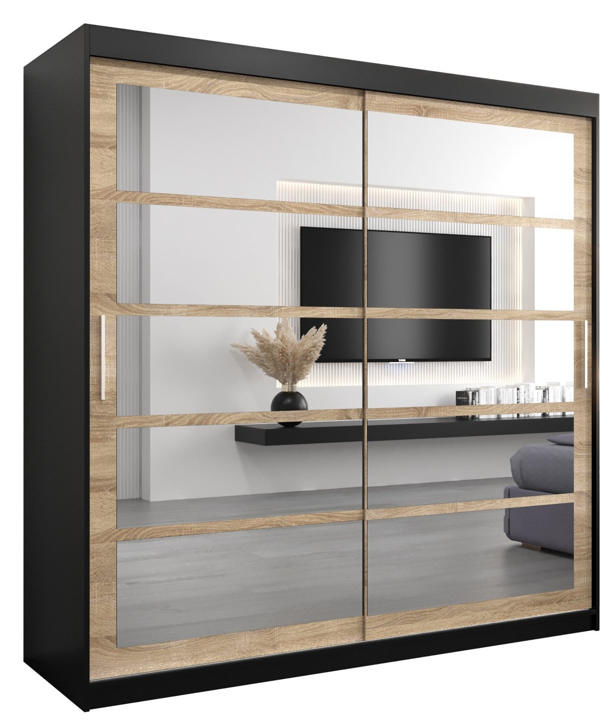 Szafa przesuwna garderoba ROMA 2 200 x 62 x 200 cm Czarny + Sonoma - Abiks Meble