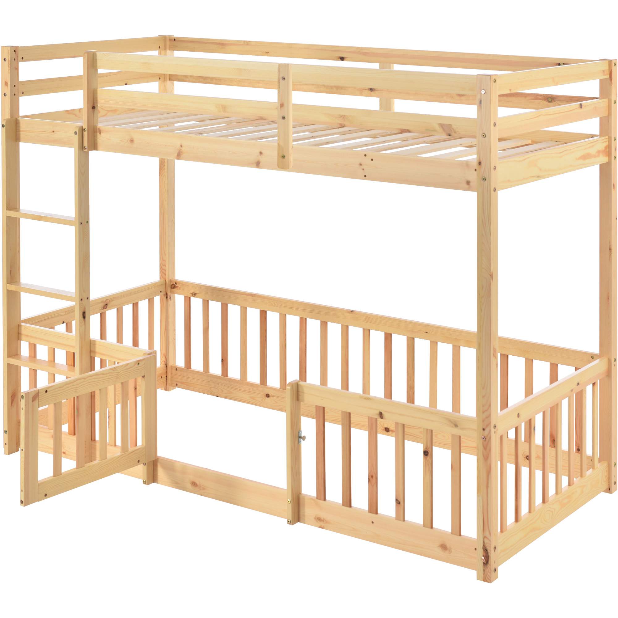 Lit superposé avec escalier droit, lit avec barrières et petite porte, lit bébé avec protection anti-chute et barreaux, bois massif, (200 x 90 cm) - 8