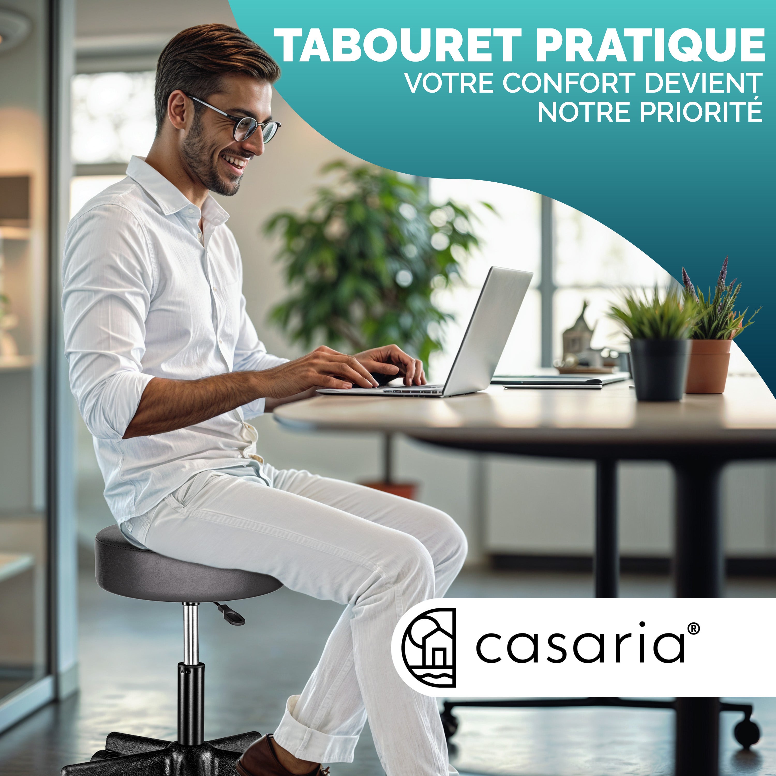 CASARIA® Tabouret Roulettes Pivotant 360° - Tabouret de Bureau Ergonomique Réglable 46-60 cm - Similicuir - Charge Max. 150 kg - Rembourrage Épais - 9