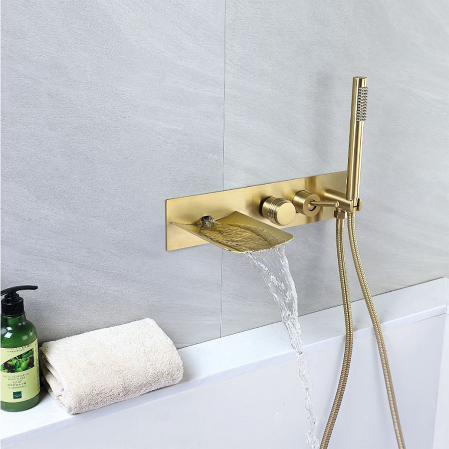 Rubinetto Per Vasca A Parete Con Doccia Girevole 360° In Acciaio Inox 304 - F0 23T Miscelatore Con Soffione, 2 Modalità, Oro Spazzolato