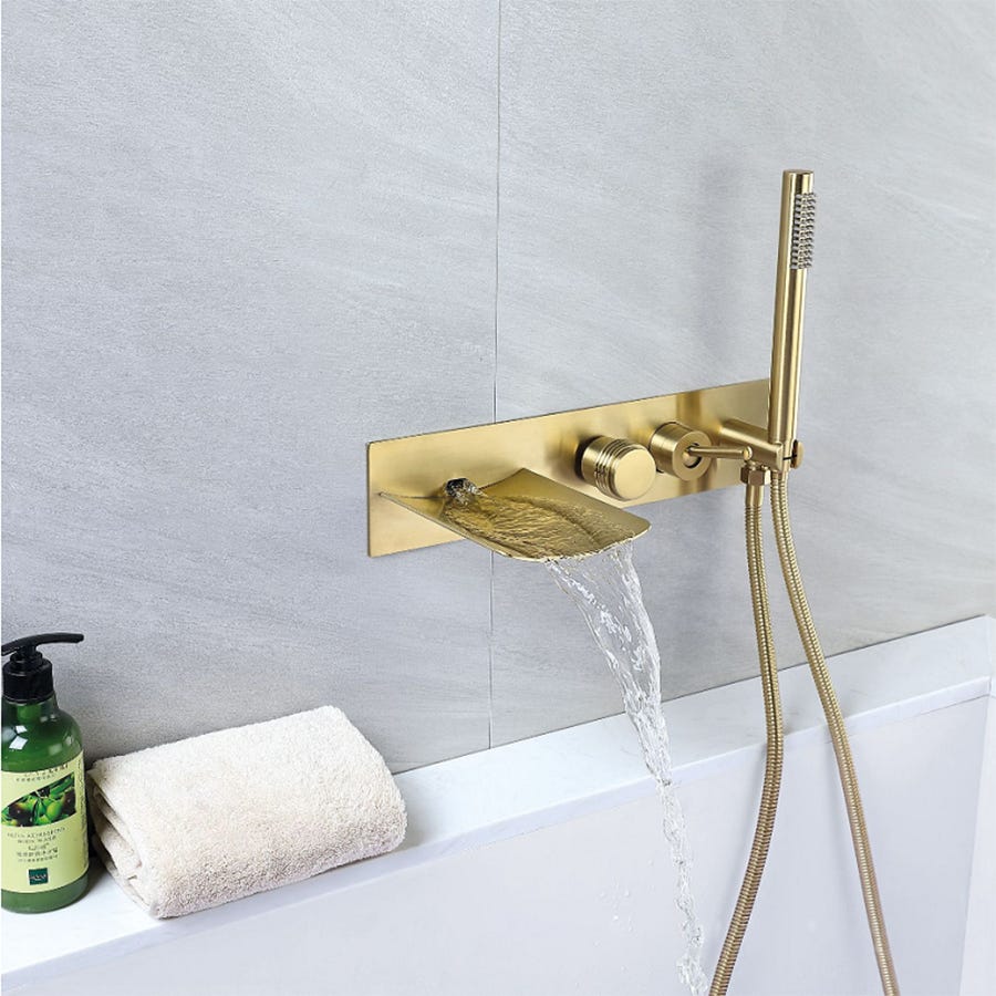 Rubinetto Per Vasca A Parete Con Doccia Girevole 360° In Acciaio Inox 304 - F0 23T Miscelatore Con Soffione, 2 Modalità, Oro Spazzolato