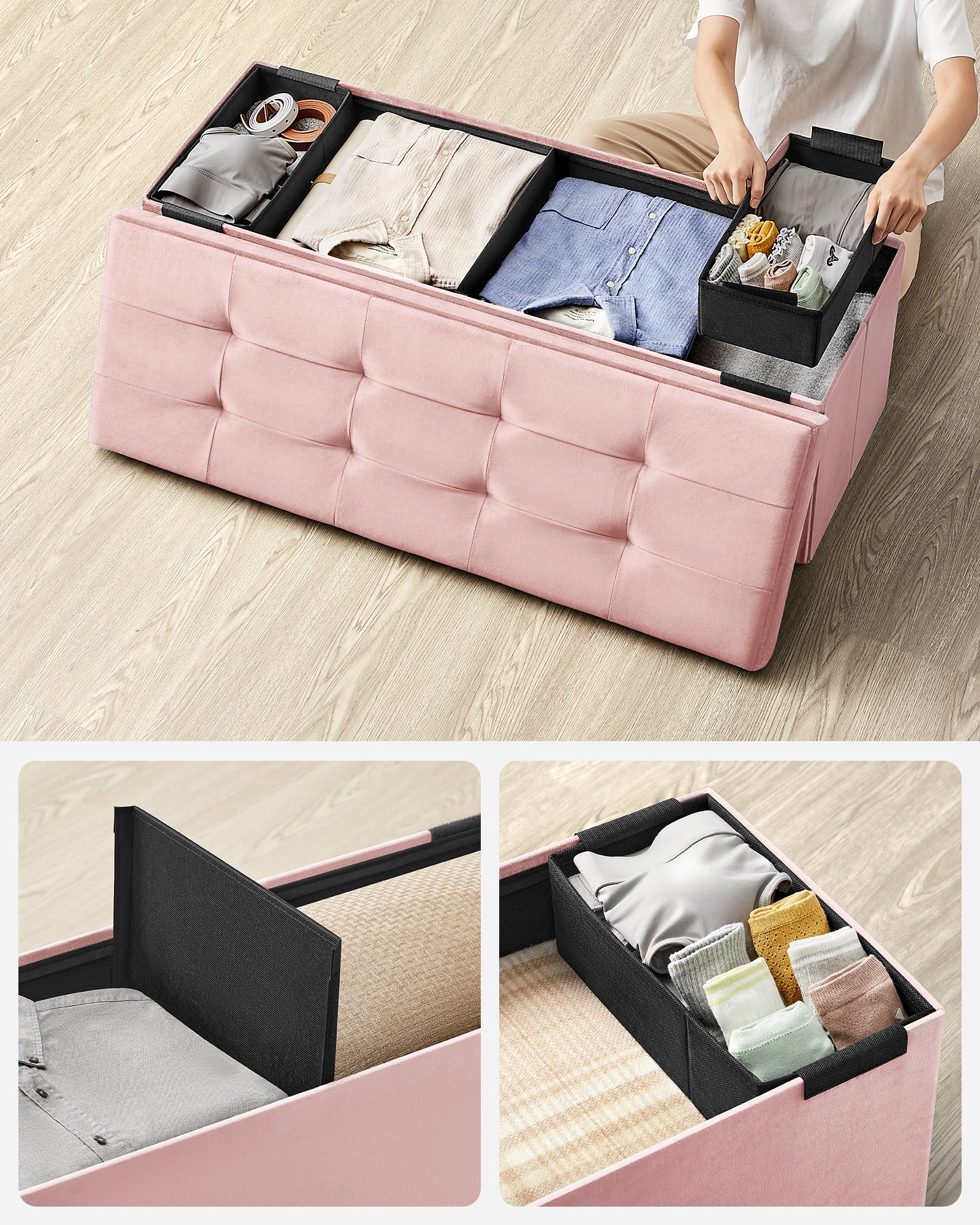 Banc de Rangement, Pouf en Velours, avec Couvercle, avec 2 Boîtes, Séparateur Amovible, 38 x 110 x 38 cm, Capacité de Charge 300 kg, Rose Bonbon - 4