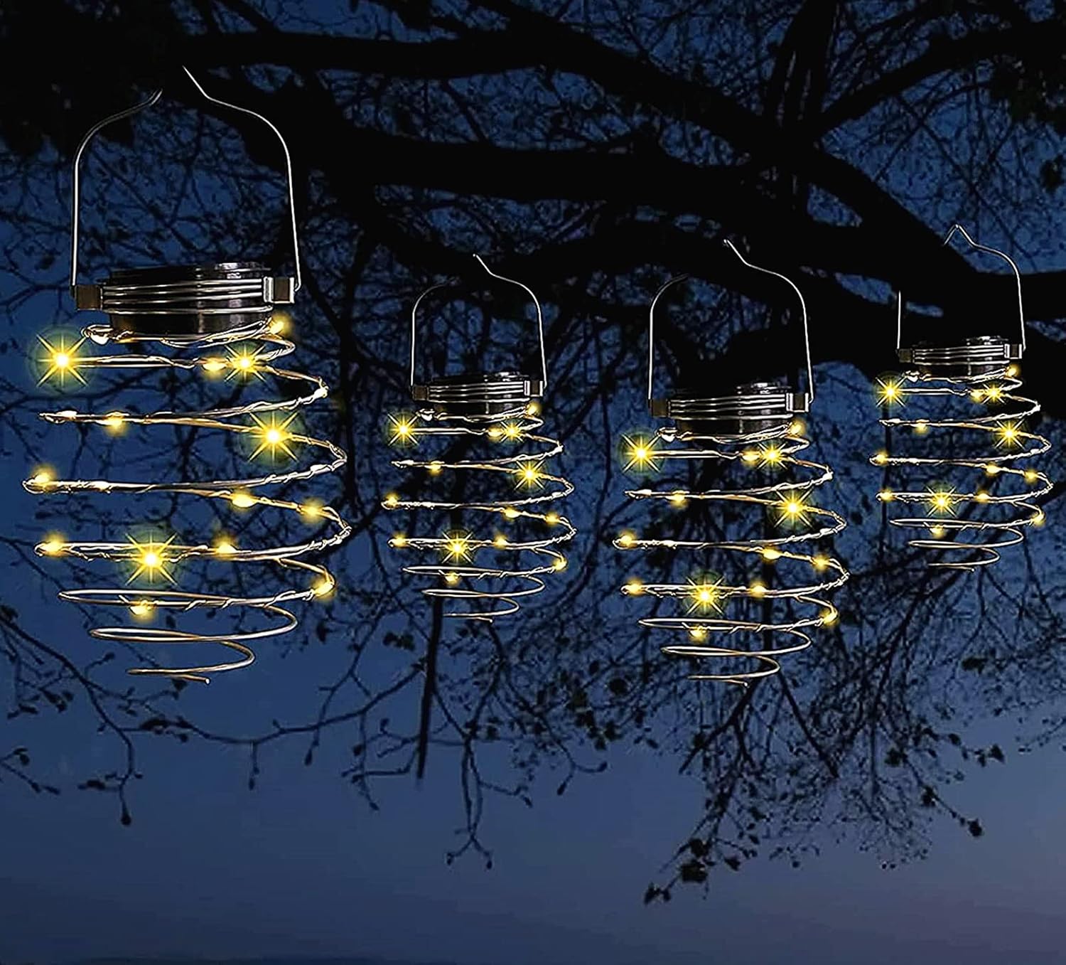 Zestaw 4 spiralnych lamp solarnych, kreatywne wiszące lampiony z uchwytem, dekoracyjne lampy solarne do ogrodu, na patio, podwórko, werandę