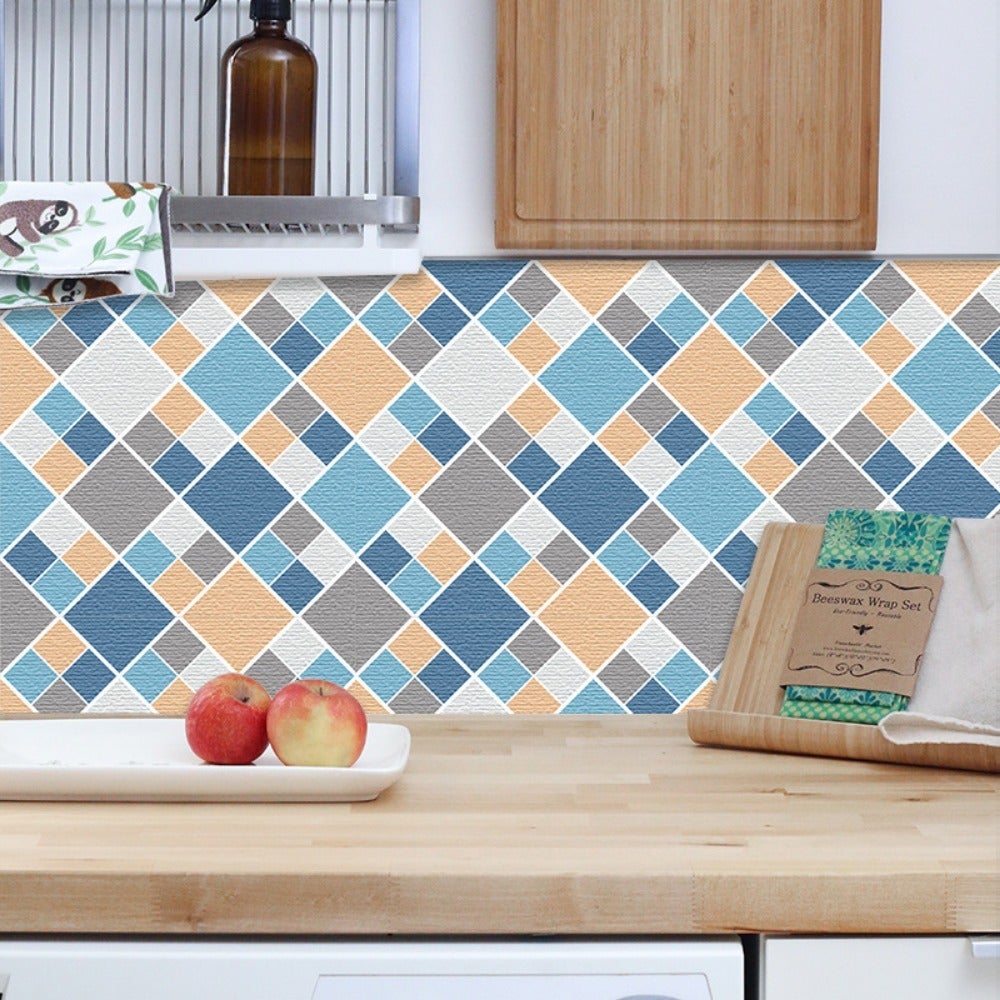 Zestaw 6 niebieskich i żółtych płytek podłogowych w szachownicę (20 x 20 cm) - samoprzylepne płytki do kuchni, salonu, łazienki i wystroju domu.