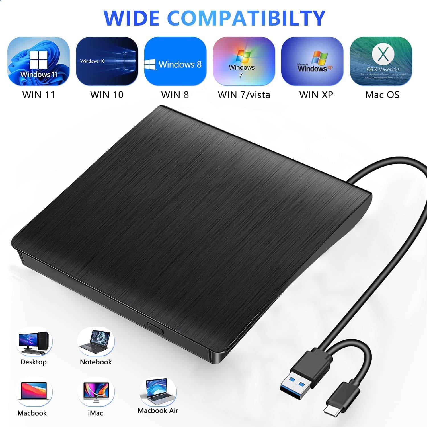 Lecteur CD/DVD Externe USB 3.0 et Type-C, Graveur DVD Portable pour PC/Laptop, Compatible Windows 11/10/8.6/XP/Linux/MacOS - 3