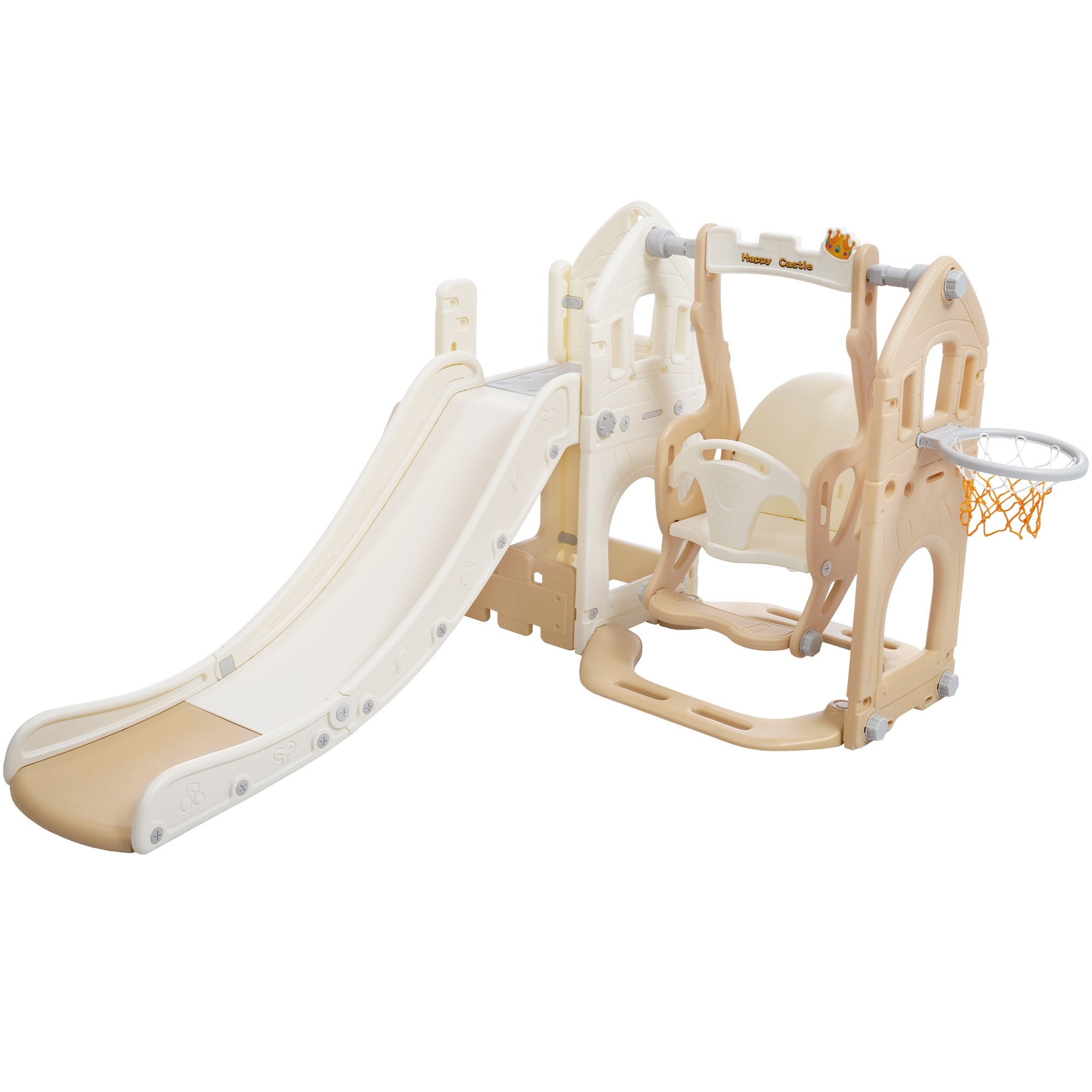 Jeu de Rutsche 5 en 1 - Rutsche, Échelle, Balancoire, Panier de Basket, Espace de Rangement - Couleur Marron et Blanc - 4