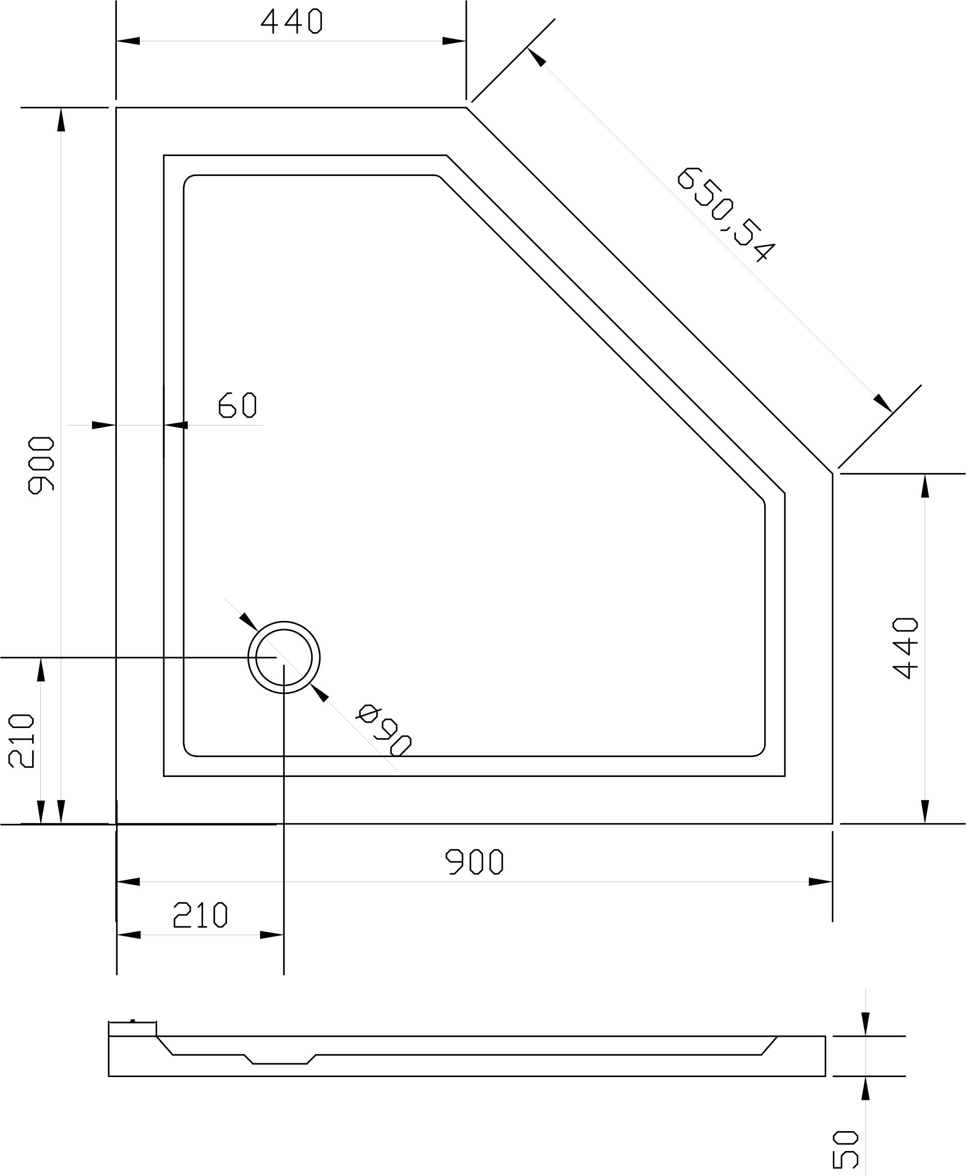 BERNSTEIN - Receveur de douche pentagonal - 90x90cm et système d´évacuation - 2