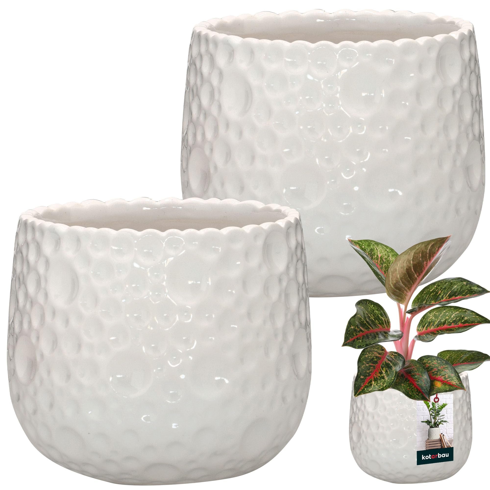Zestaw 2x doniczka biała donica ⌀12 cm okrągła ceramiczna na kwiaty rośliny - KOTARBAU
