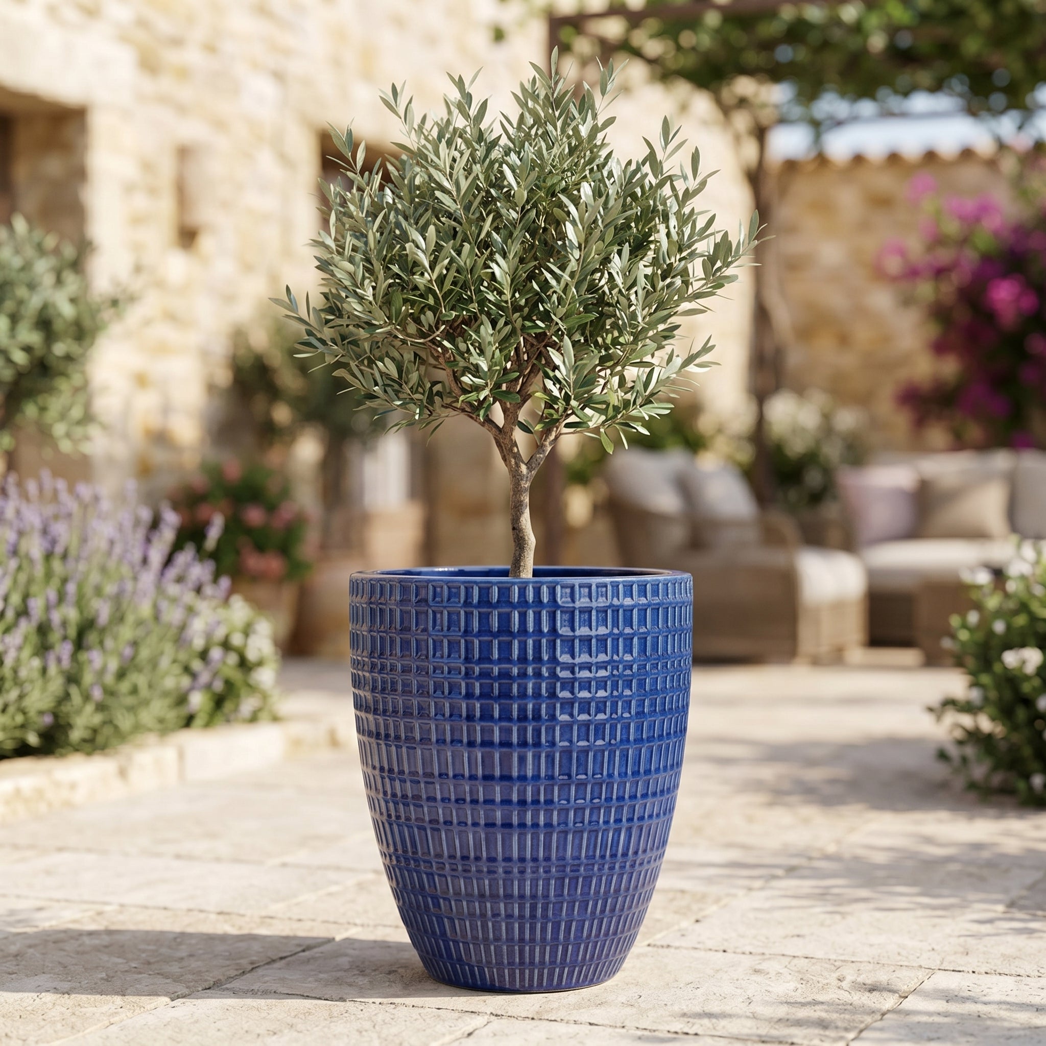 Maceta grande de exterior VERNE 32x40cm azul cobalto, hecha a mano en terracota esmaltada, resistente a las heladas - 2