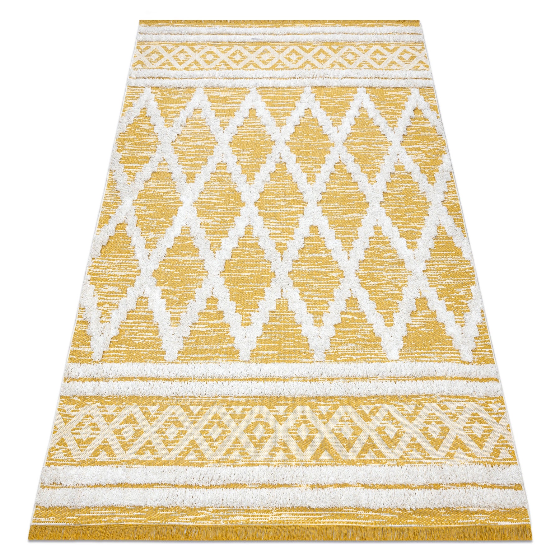 Alfombra eco sisal boho moroc diamantes 22297 franjas - dos niveles de vellón amarillo / crema, alfombra reciclada 194x290 cm